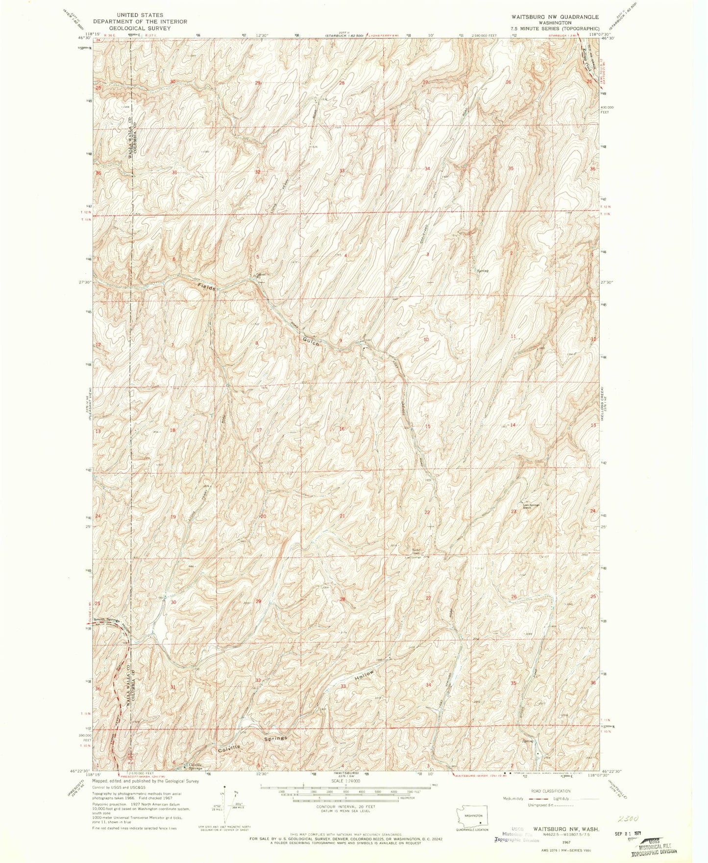 Classic USGS Waitsburg NW Washington 7.5'x7.5' Topo Map Image