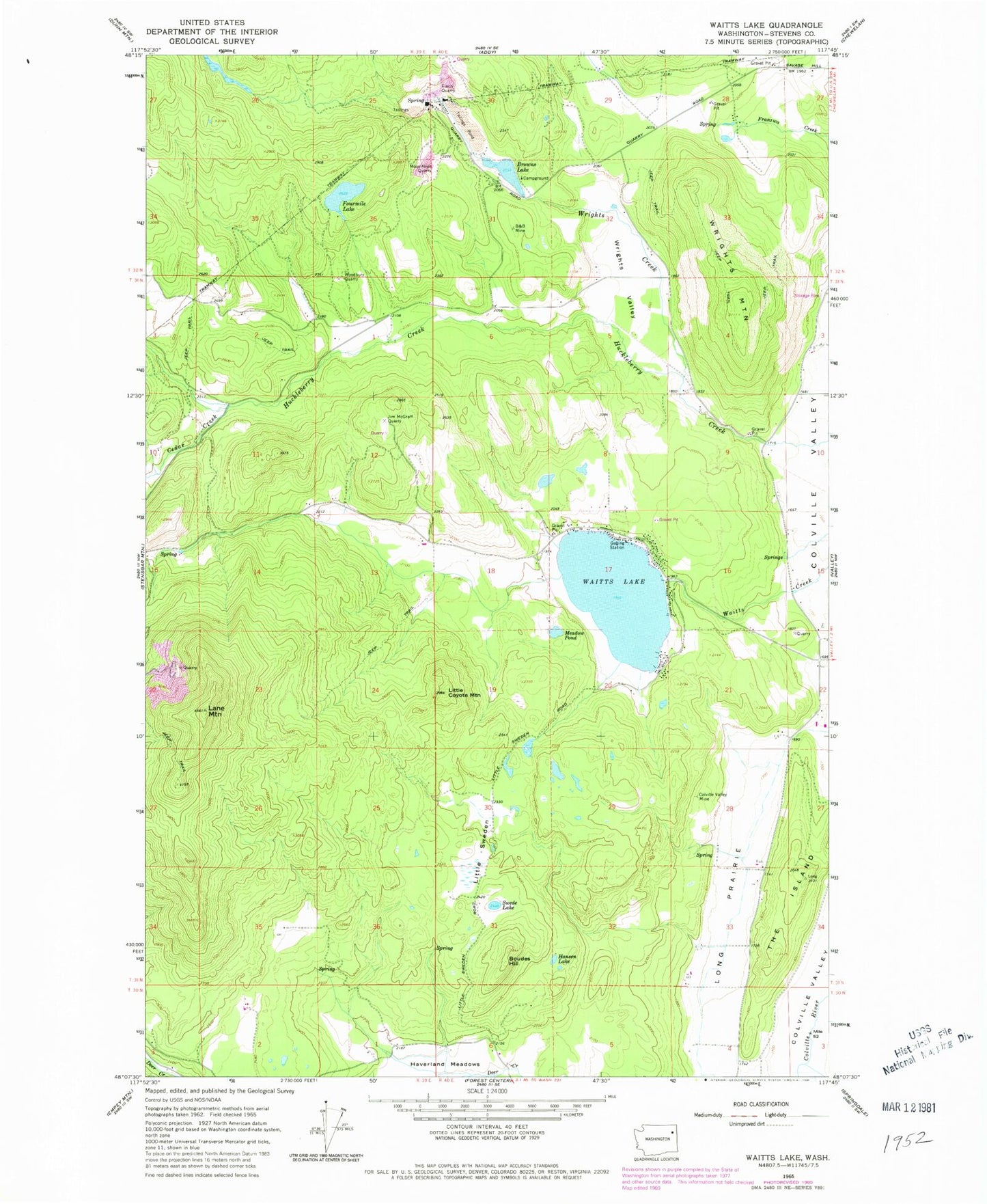 Classic USGS Waitts Lake Washington 7.5'x7.5' Topo Map Image
