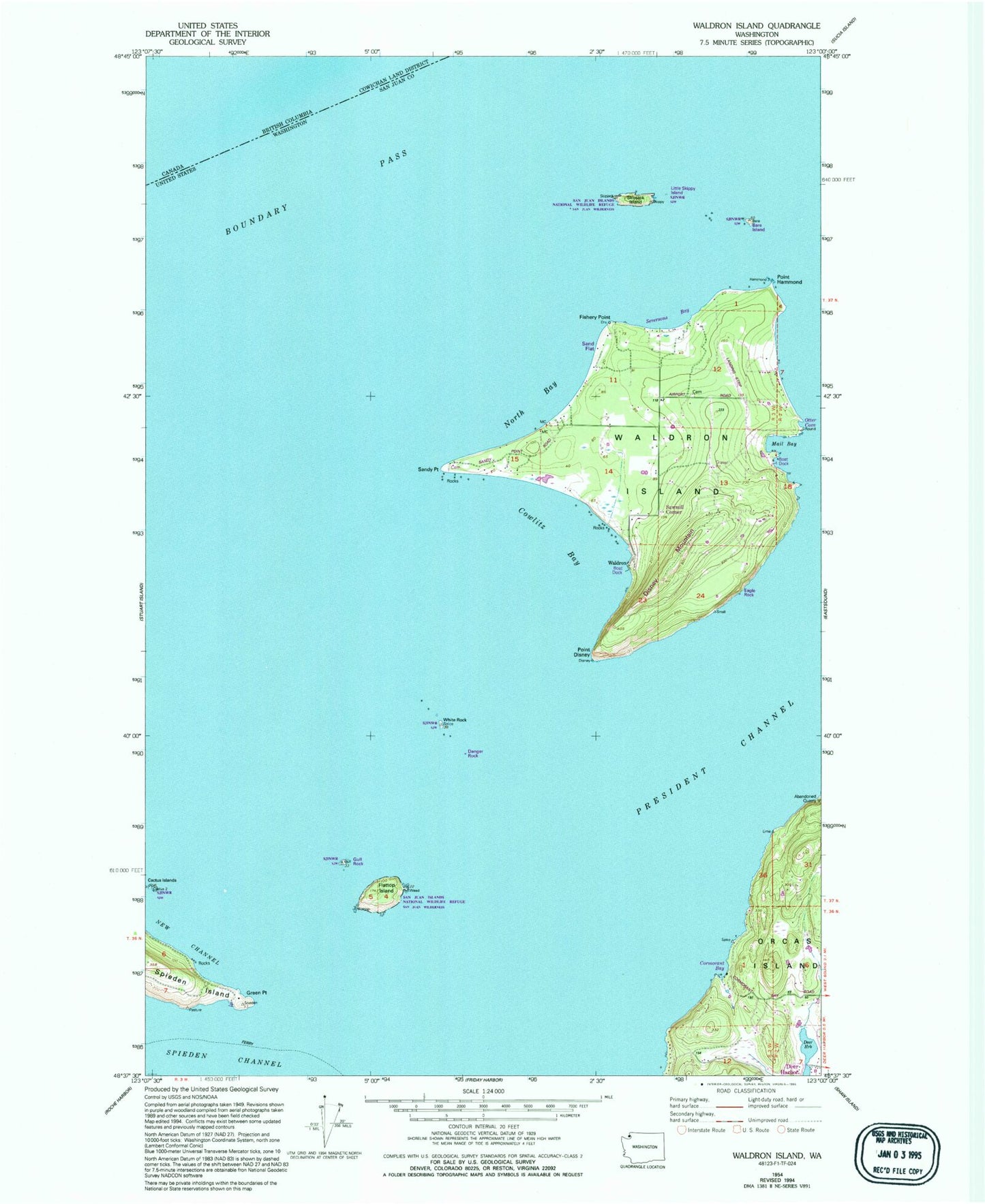 Classic USGS Waldron Island Washington 7.5'x7.5' Topo Map Image