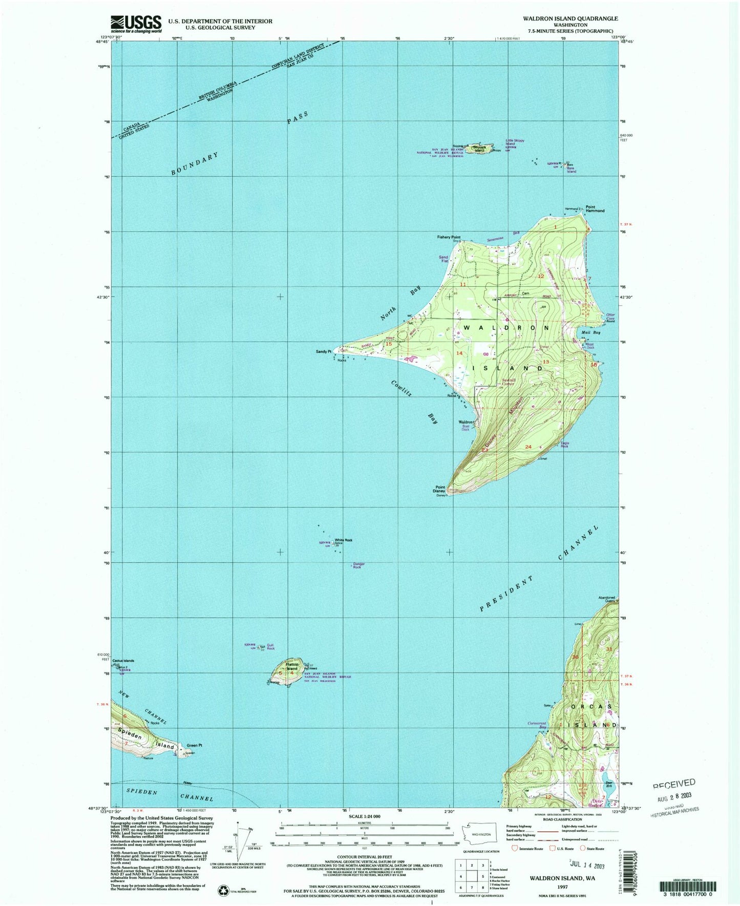 Classic USGS Waldron Island Washington 7.5'x7.5' Topo Map Image