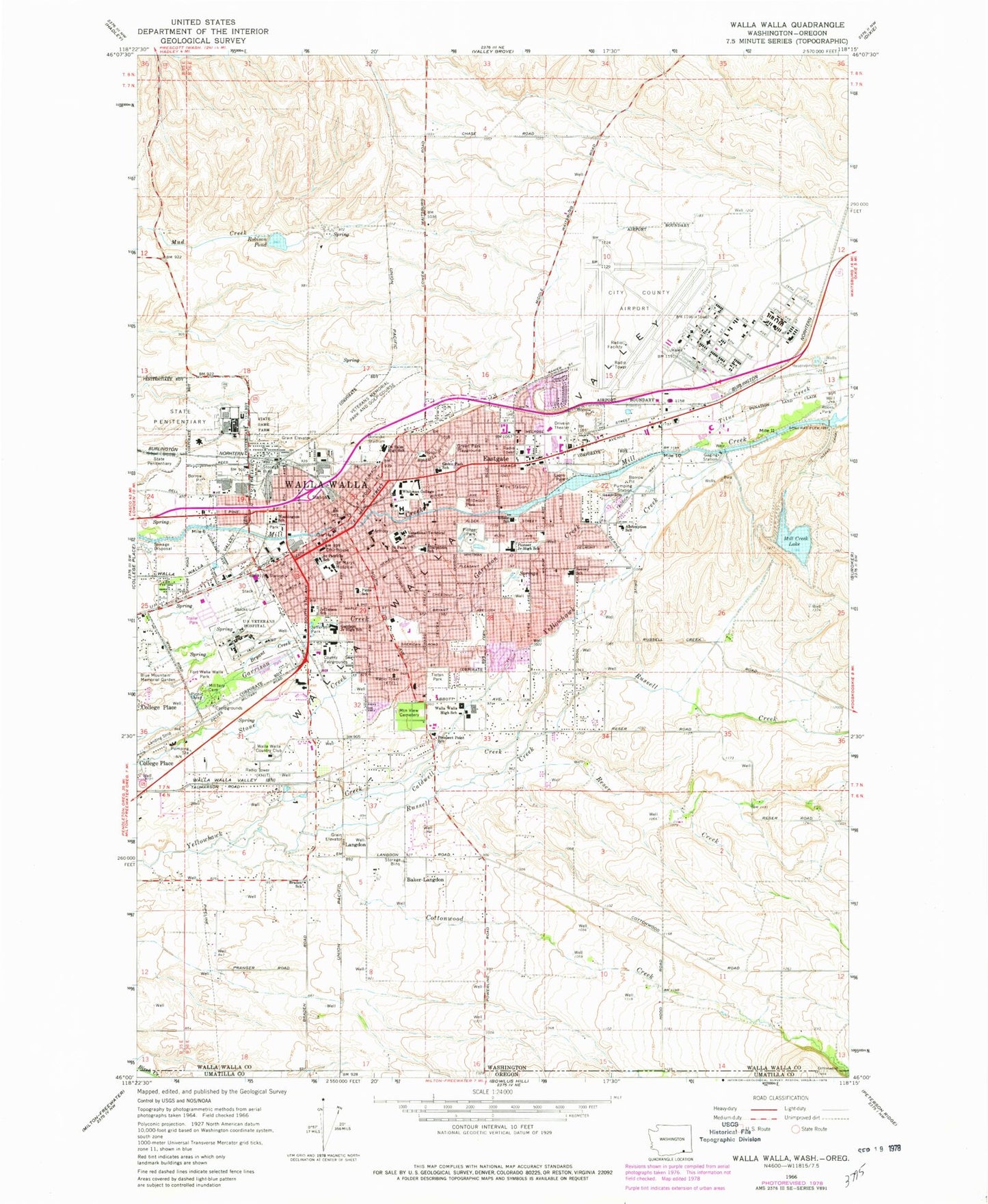 Classic USGS Walla Walla Washington 7.5'x7.5' Topo Map Image