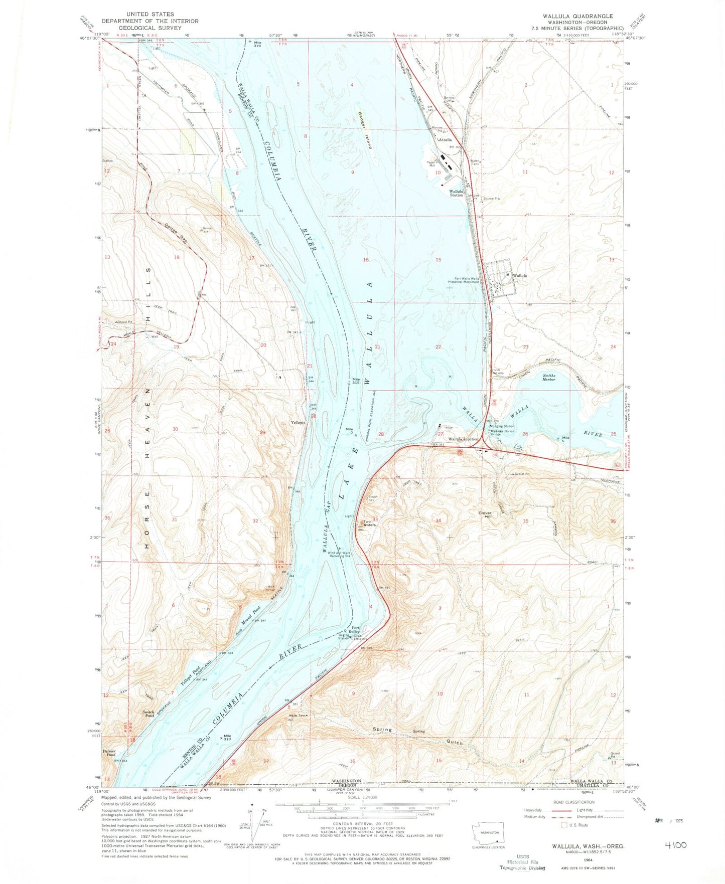 Classic USGS Wallula Washington 7.5'x7.5' Topo Map Image