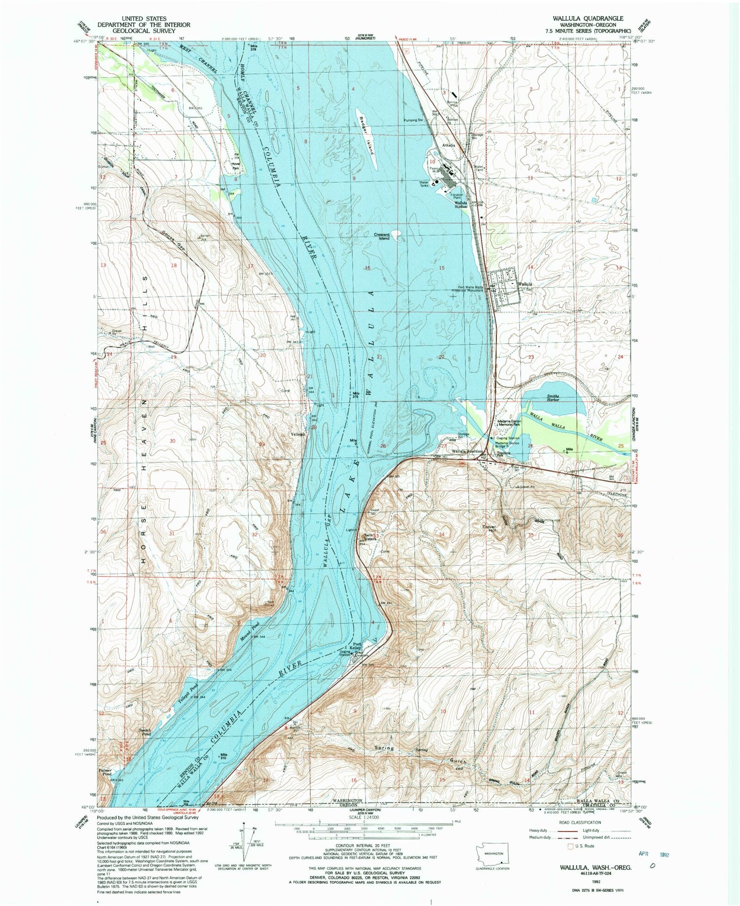 Classic USGS Wallula Washington 7.5'x7.5' Topo Map Image