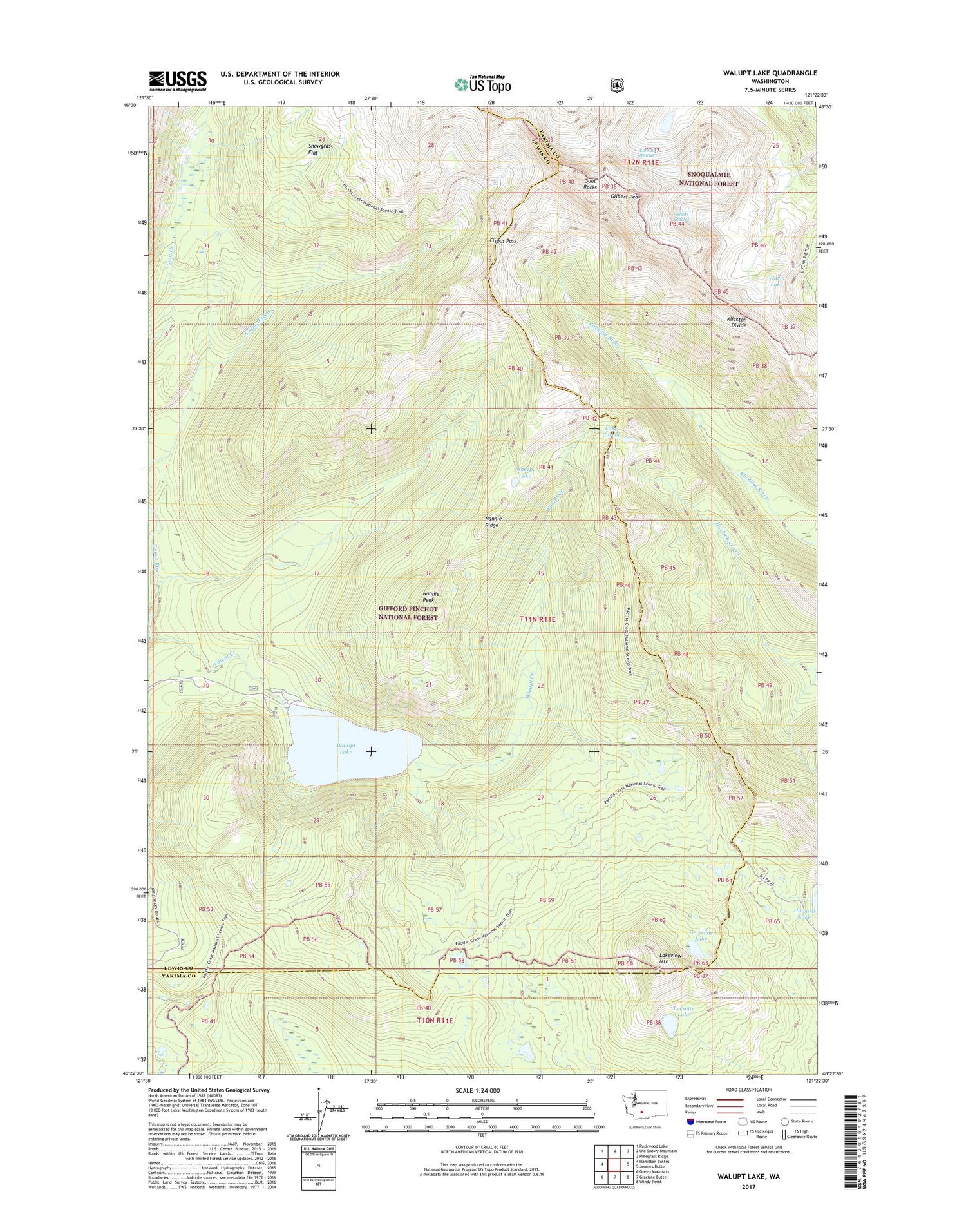 Walupt Lake Washington US Topo Map Image