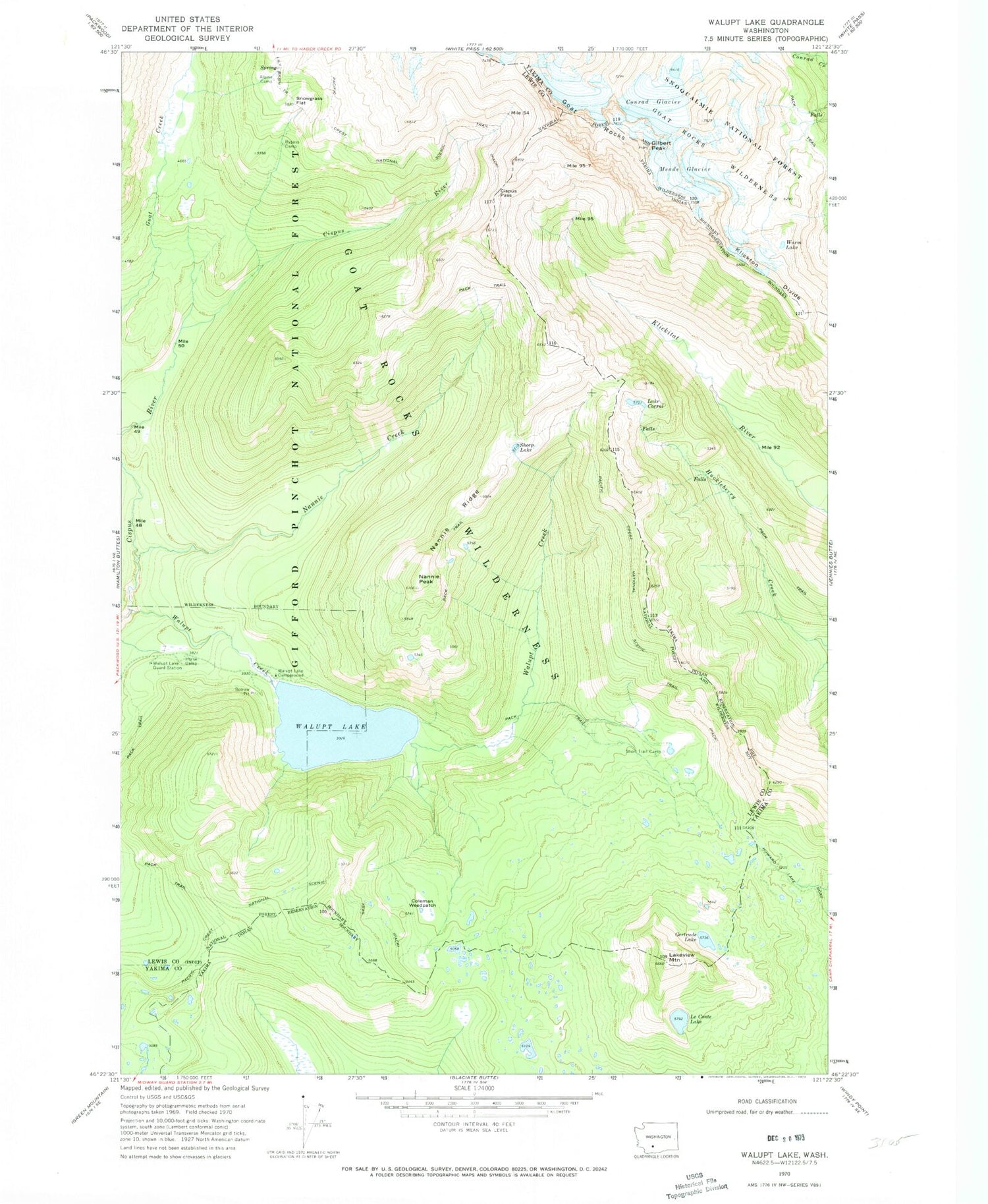 Classic USGS Walupt Lake Washington 7.5'x7.5' Topo Map Image