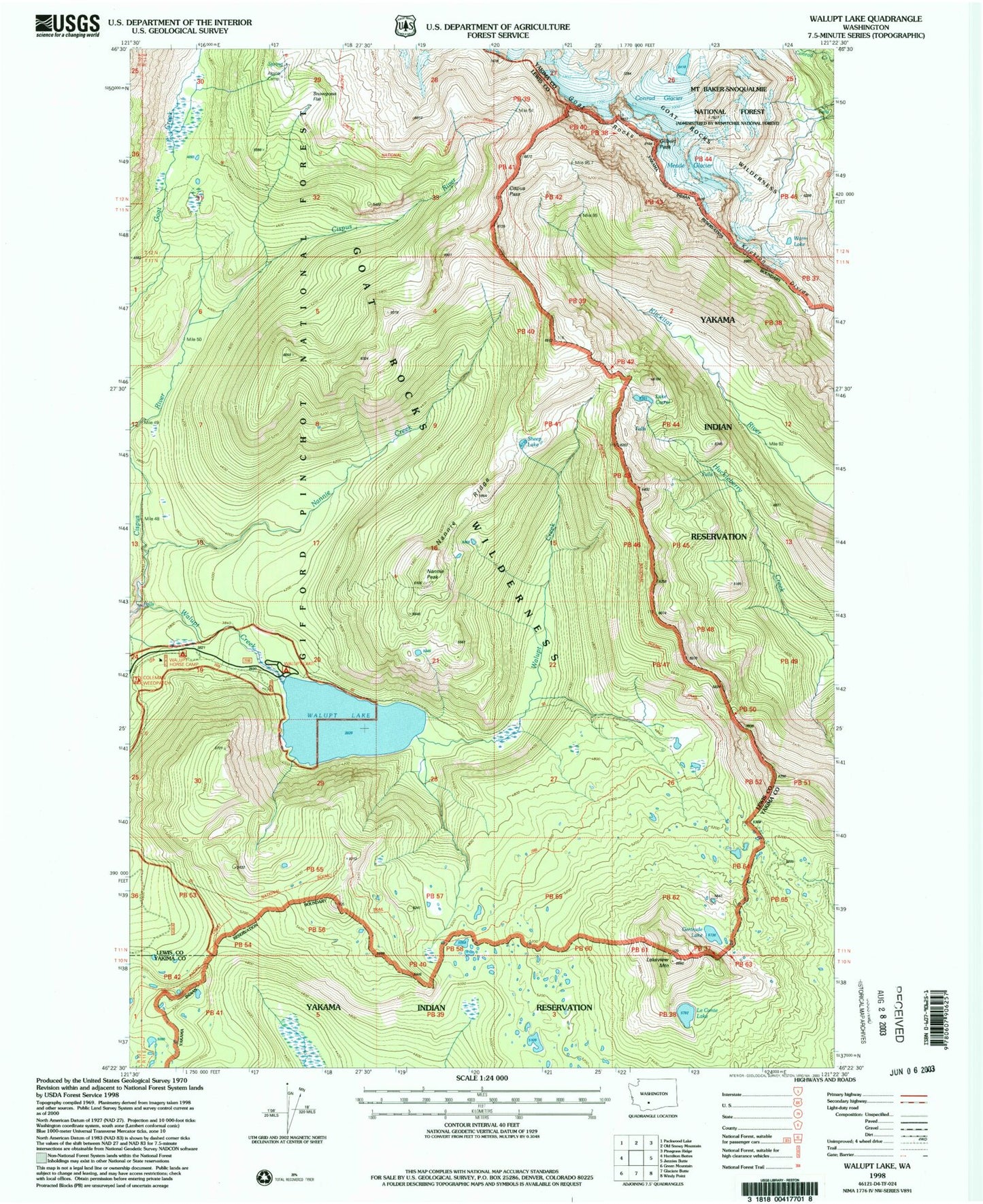 Classic USGS Walupt Lake Washington 7.5'x7.5' Topo Map Image