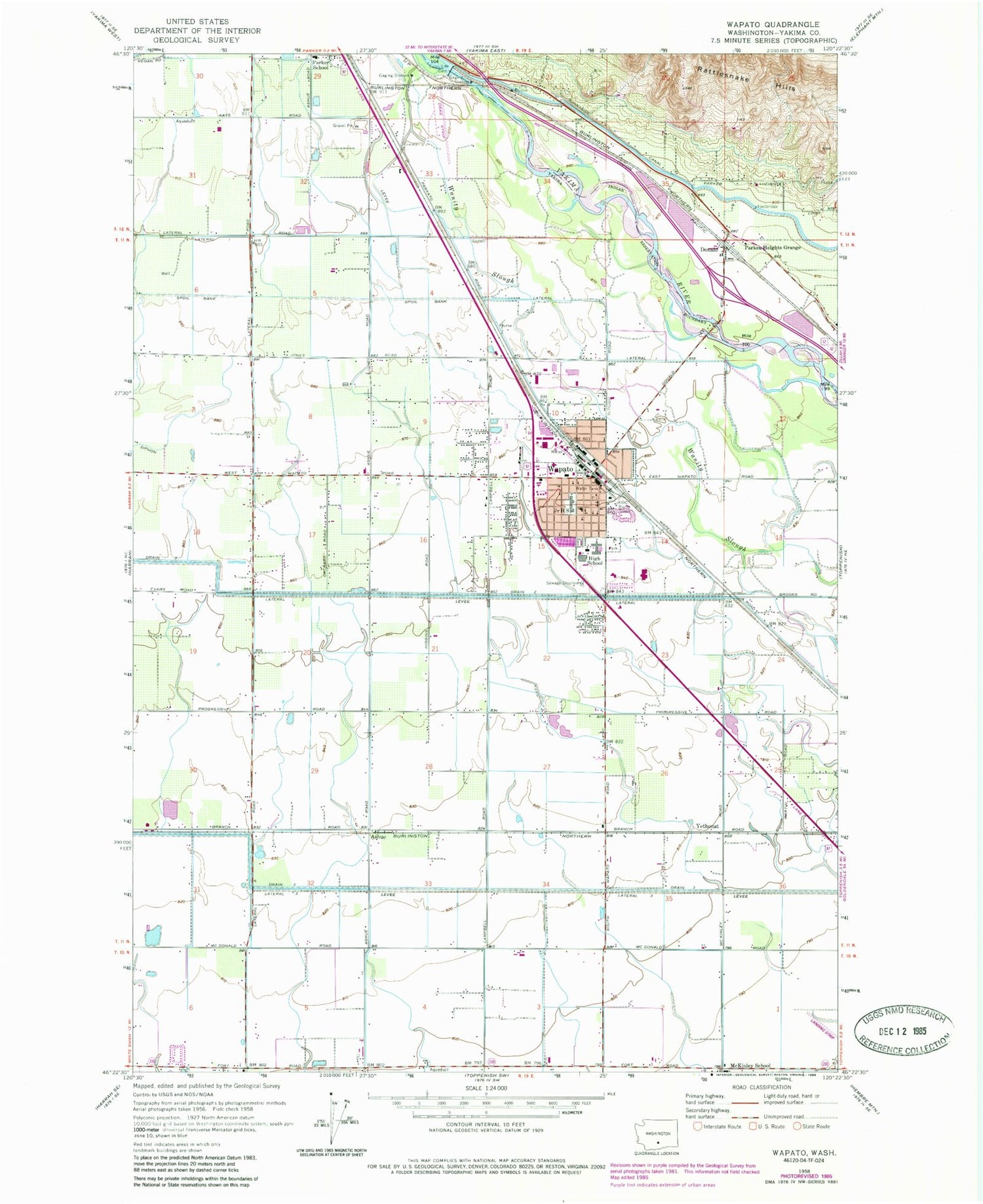 Classic USGS Wapato Washington 7.5'x7.5' Topo Map Image