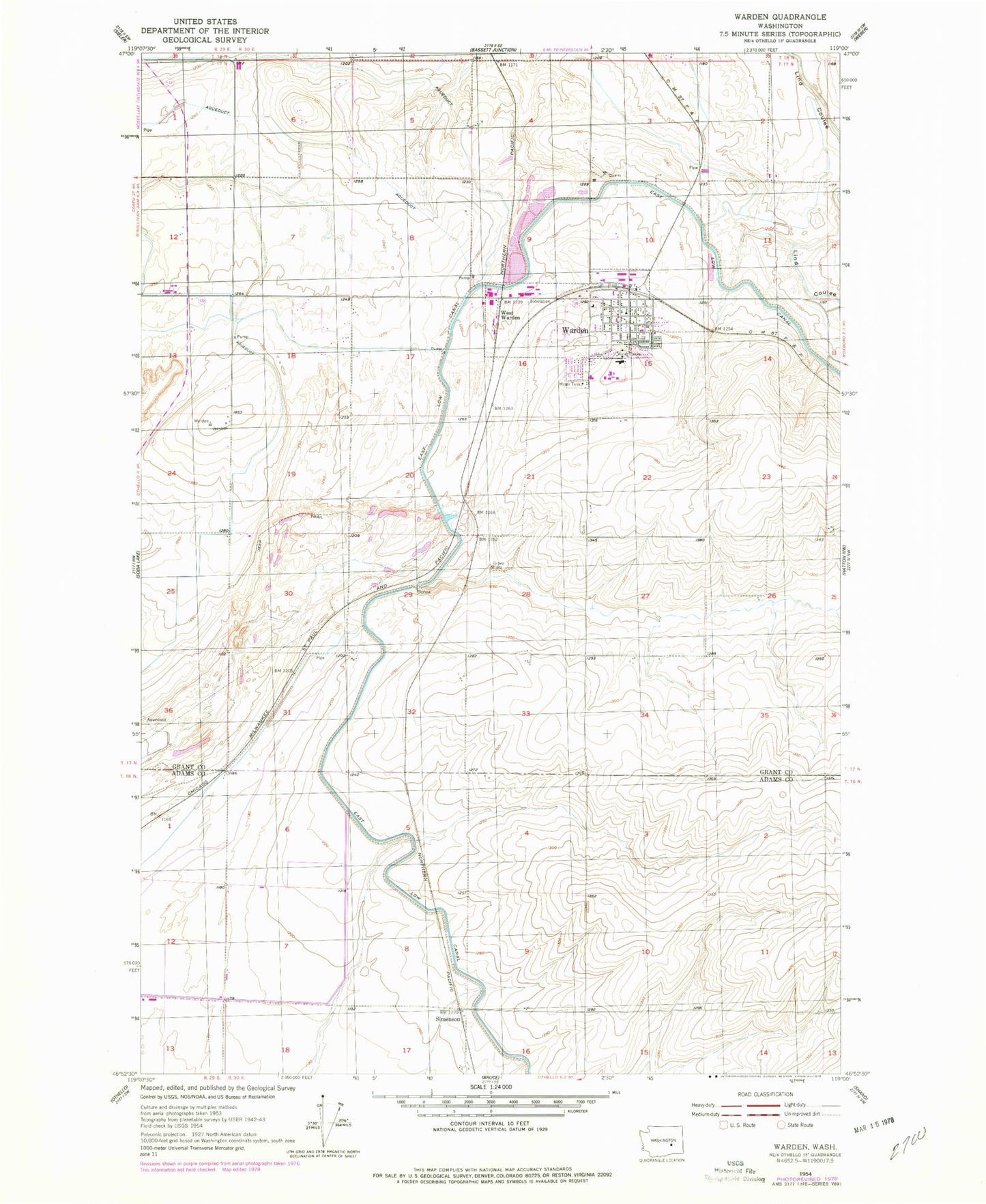 Classic USGS Warden Washington 7.5'x7.5' Topo Map Image