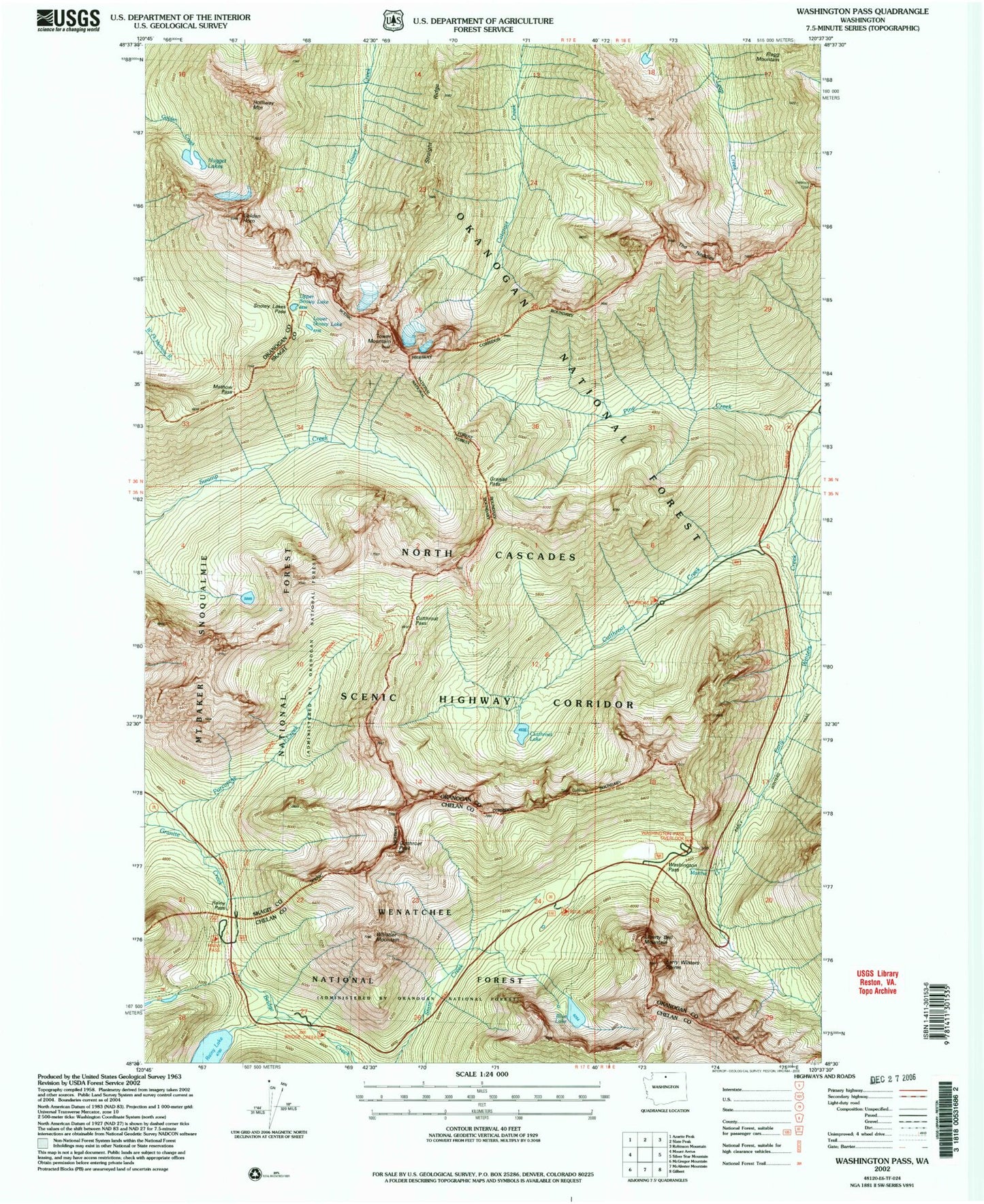 USGS Classic Washington Pass Washington 7.5'x7.5' Topo Map Image
