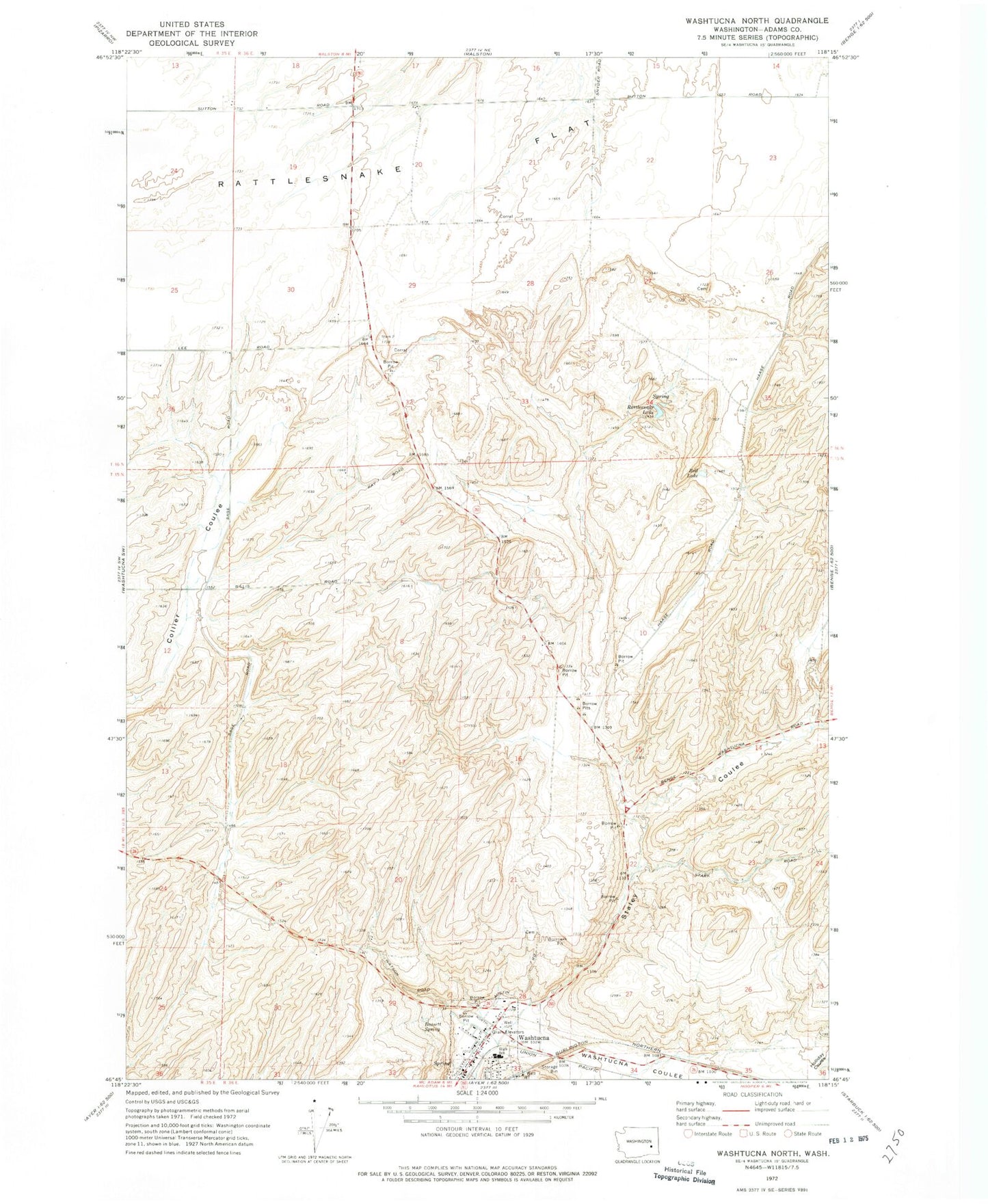 Classic USGS Washtucna North Washington 7.5'x7.5' Topo Map Image