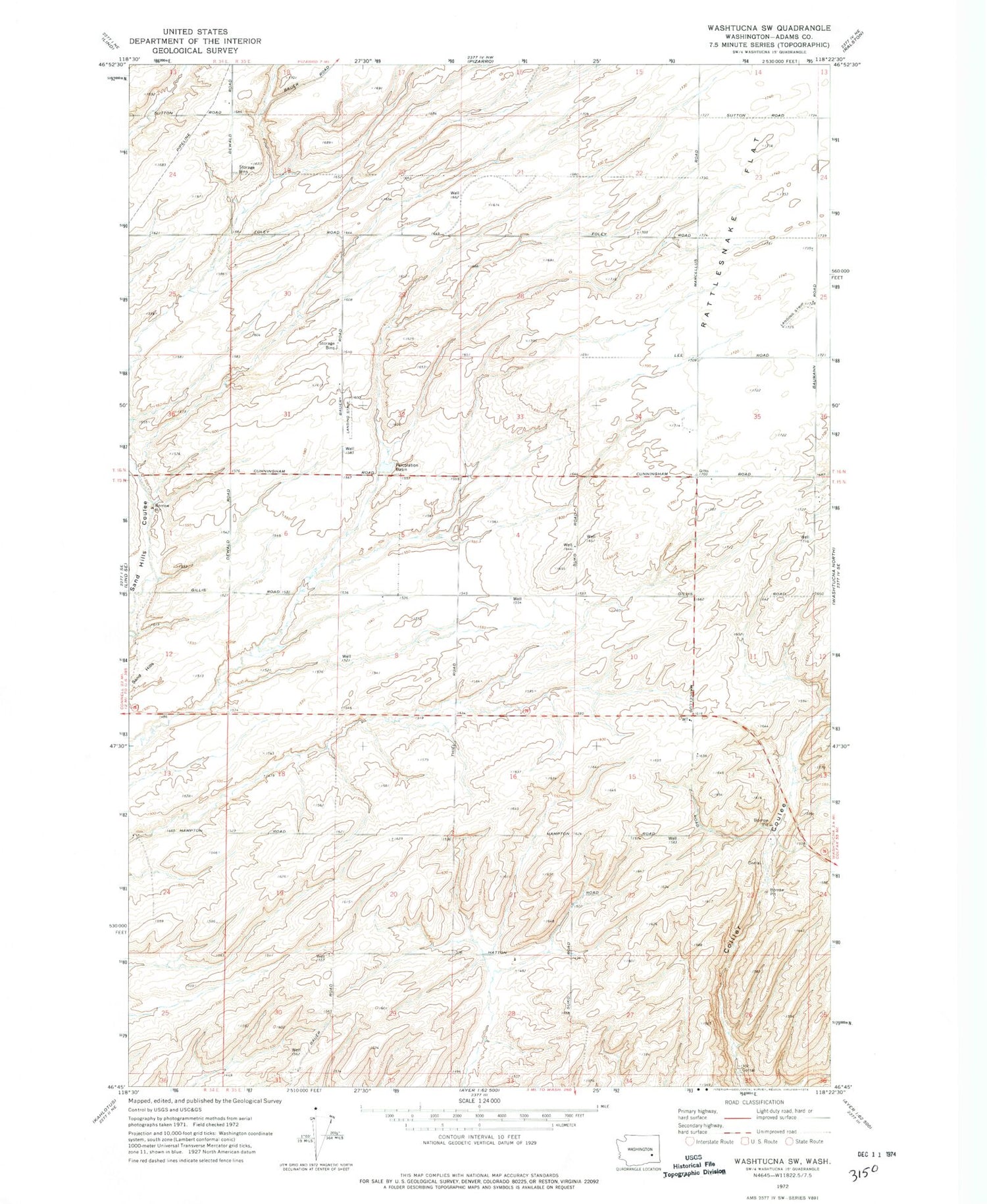 Classic USGS West of Washtucna Washington 7.5'x7.5' Topo Map Image
