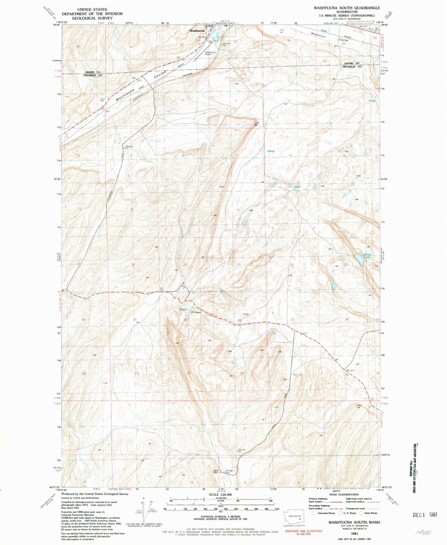 Classic USGS Washtucna South Washington 7.5'x7.5' Topo Map Image