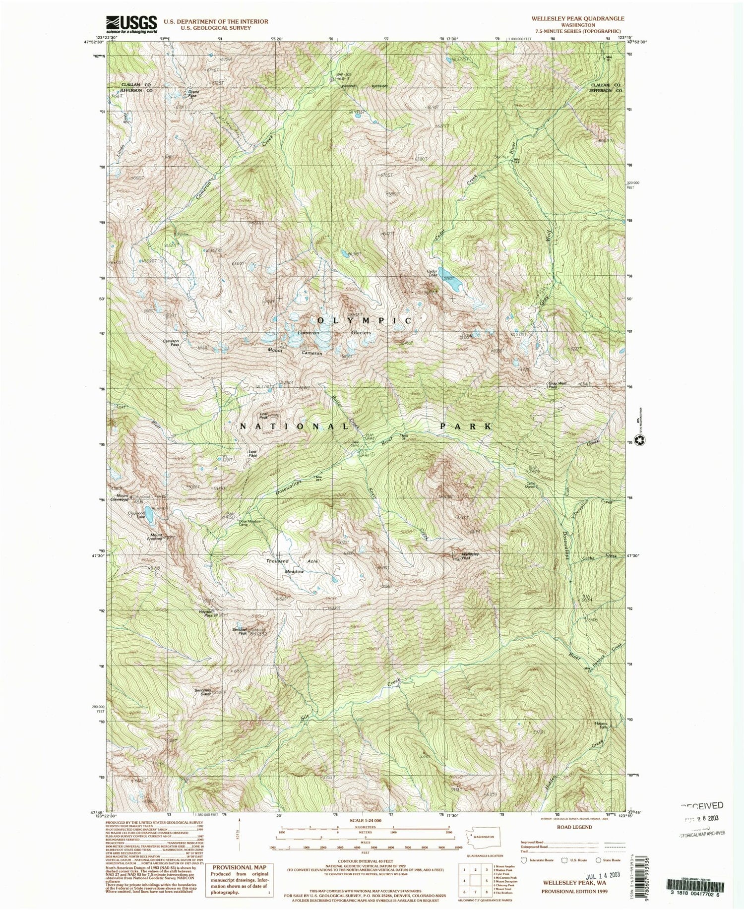 Classic USGS Wellesley Peak Washington 7.5'x7.5' Topo Map Image