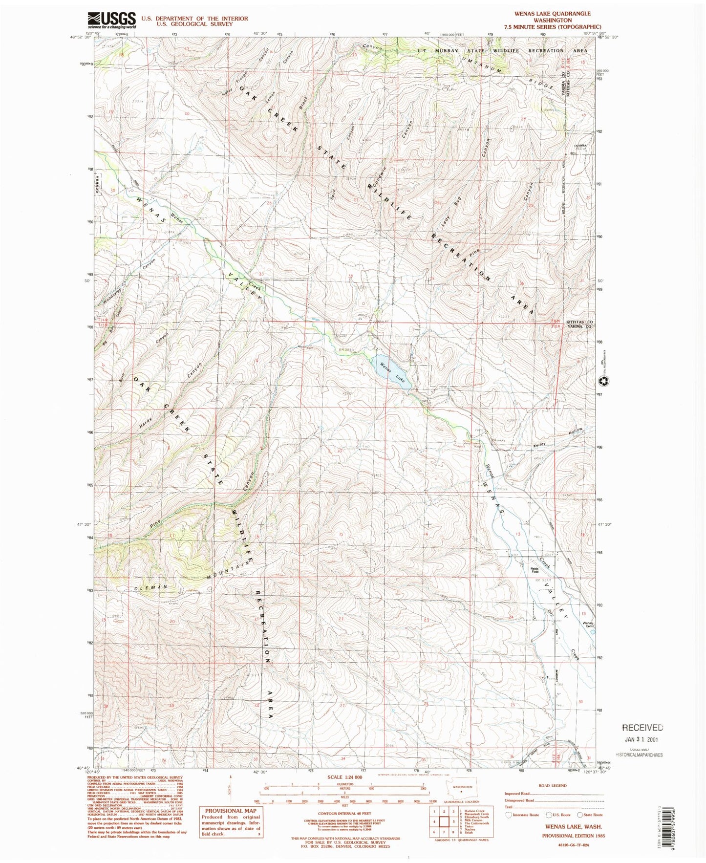 Classic USGS Wenas Lake Washington 7.5'x7.5' Topo Map Image