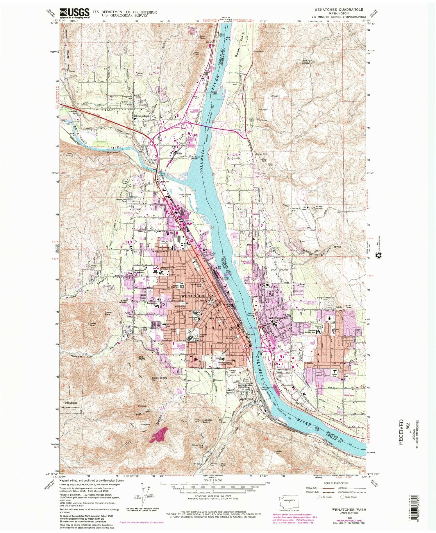 Classic USGS Wenatchee Washington 7.5'x7.5' Topo Map Image