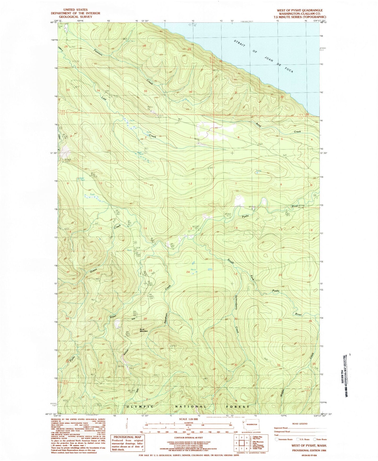 Classic USGS West of Pysht Washington 7.5'x7.5' Topo Map Image