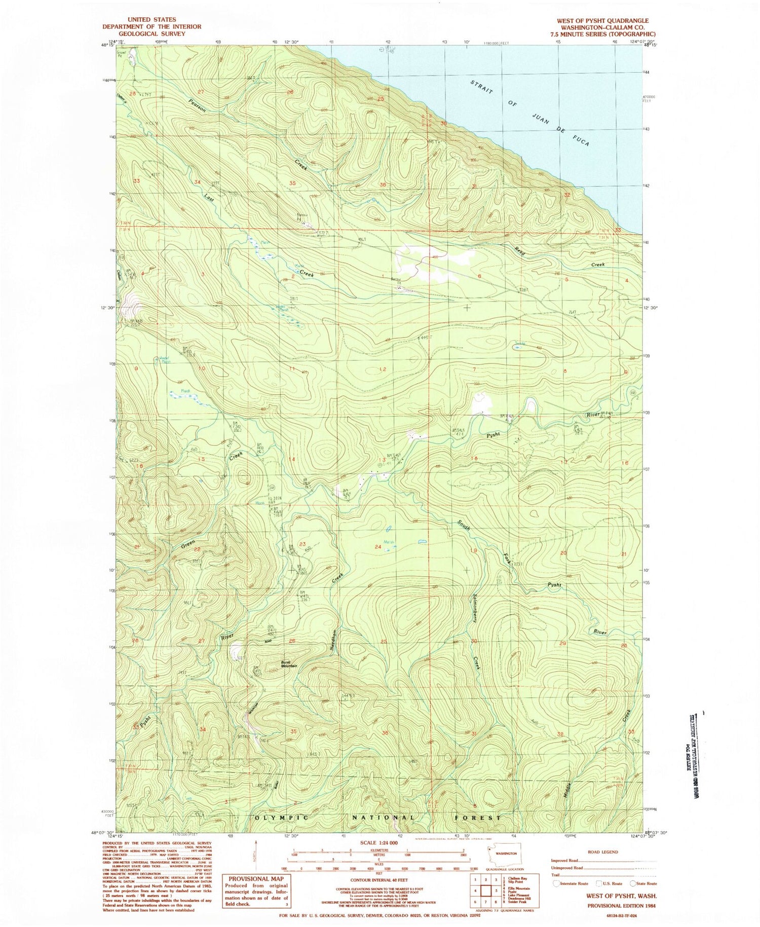 Classic USGS West of Pysht Washington 7.5'x7.5' Topo Map Image