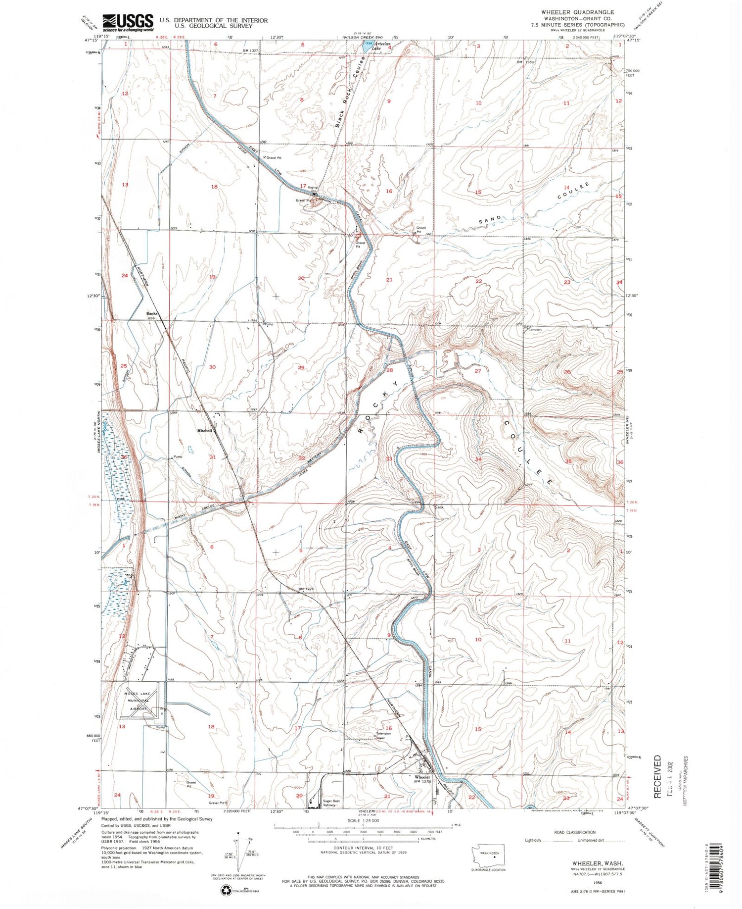 Classic USGS Wheeler Washington 7.5'x7.5' Topo Map Image