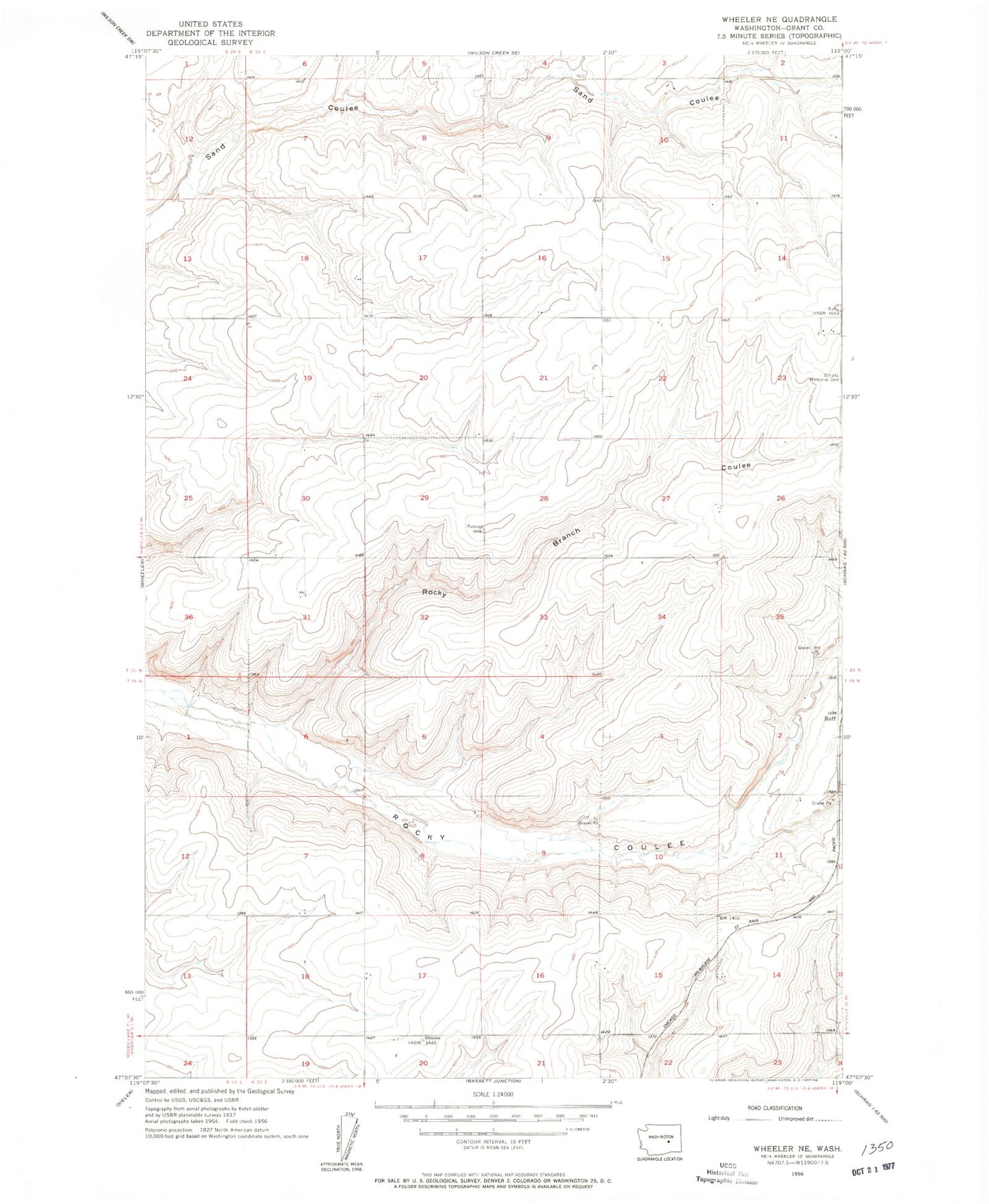 Classic USGS Wheeler NE Washington 7.5'x7.5' Topo Map Image