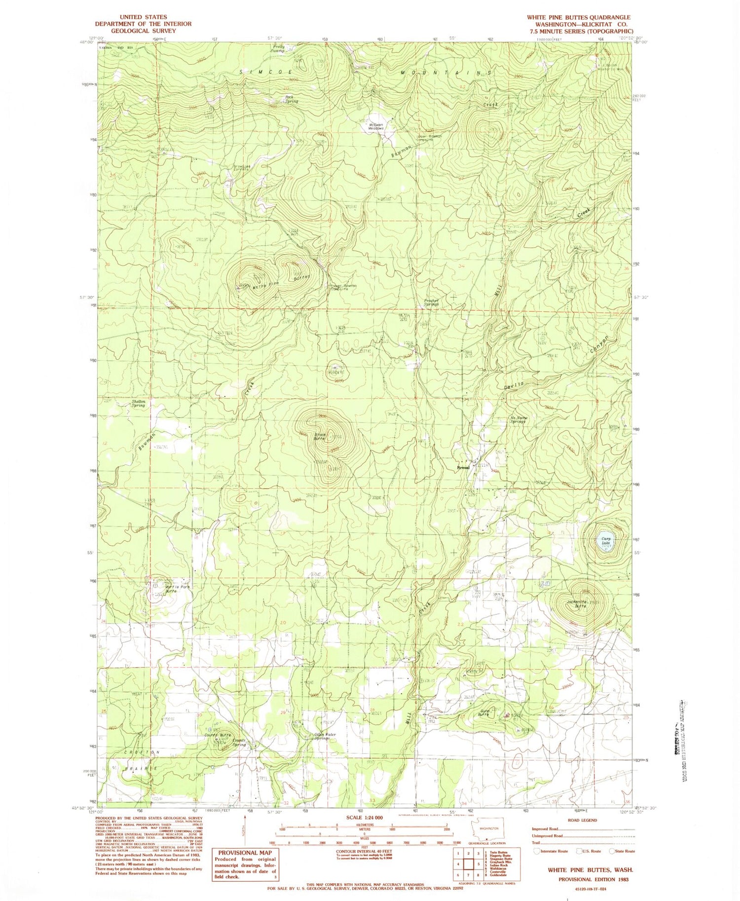Classic USGS White Pine Buttes Washington 7.5'x7.5' Topo Map Image