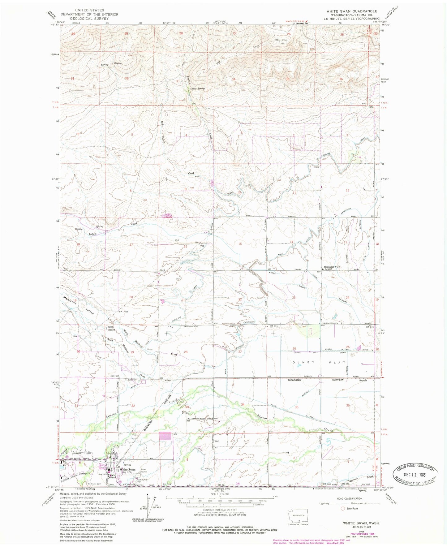Classic USGS White Swan Washington 7.5'x7.5' Topo Map Image