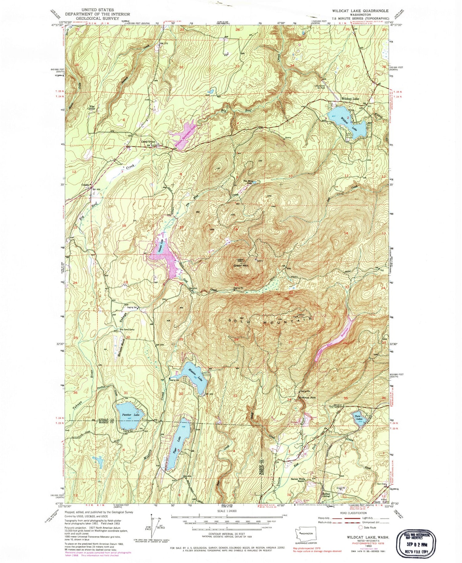 Classic USGS Wildcat Lake Washington 7.5'x7.5' Topo Map Image