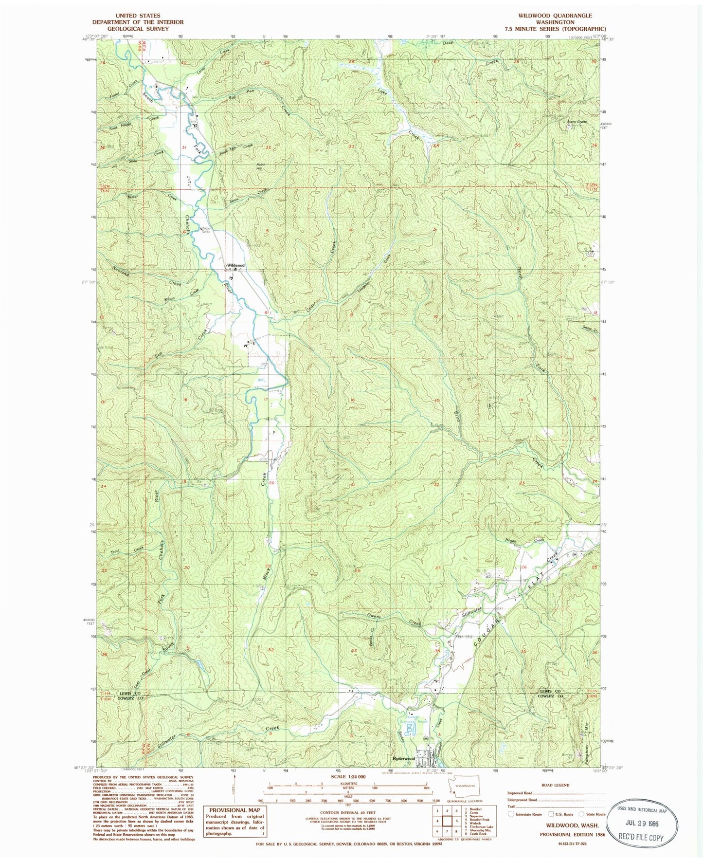 Classic USGS Wildwood Washington 7.5'x7.5' Topo Map Image