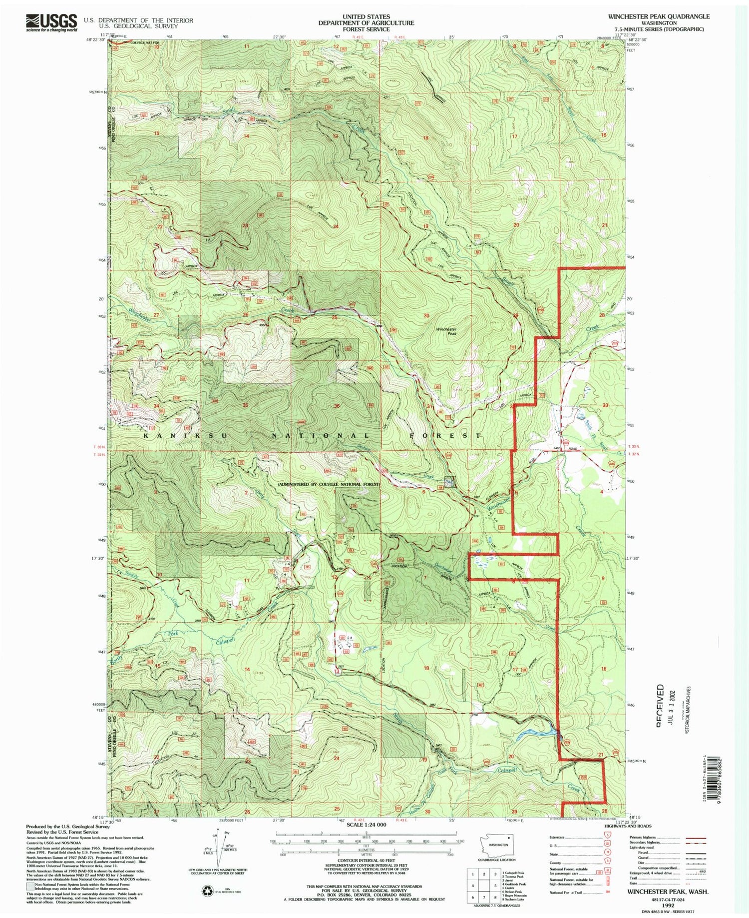 Classic USGS Winchester Peak Washington 7.5'x7.5' Topo Map Image