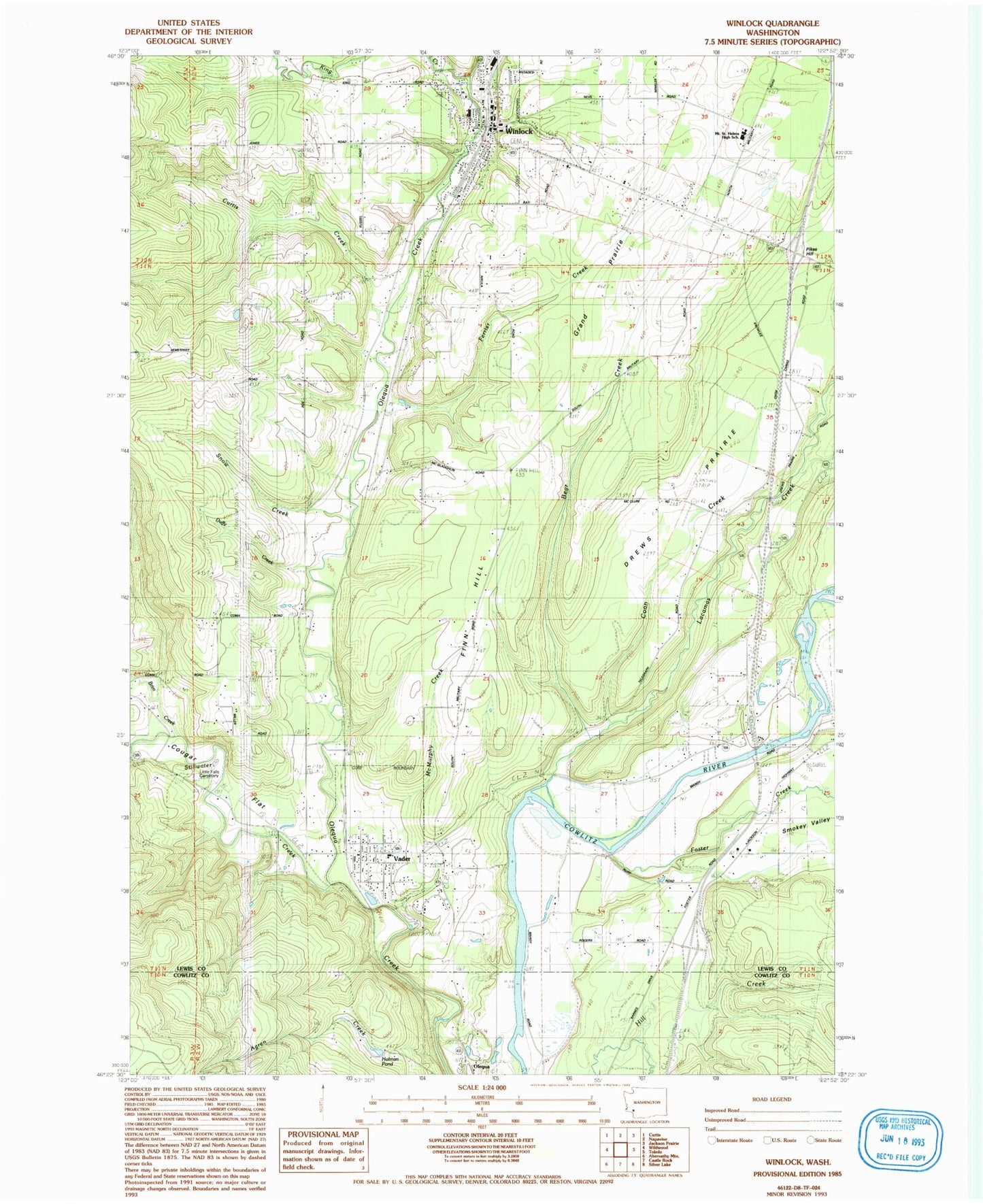 Classic USGS Winlock Washington 7.5'x7.5' Topo Map Image