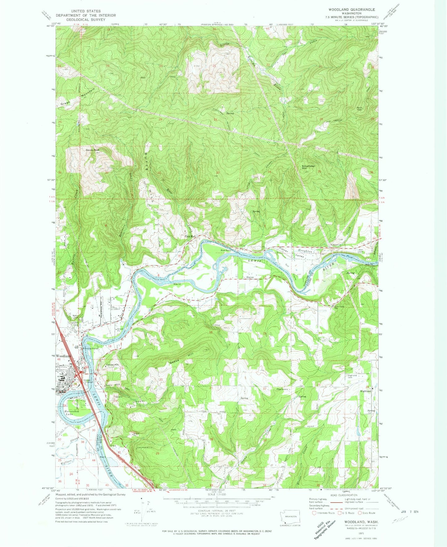 Classic USGS Woodland Washington 7.5'x7.5' Topo Map Image