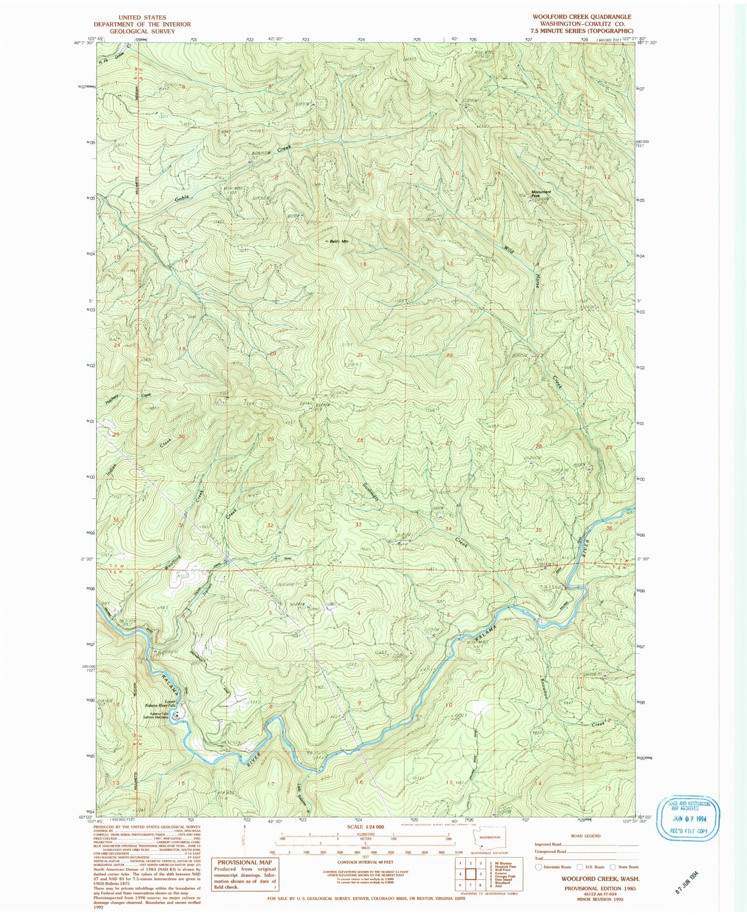 Classic USGS Woolford Creek Washington 7.5'x7.5' Topo Map Image