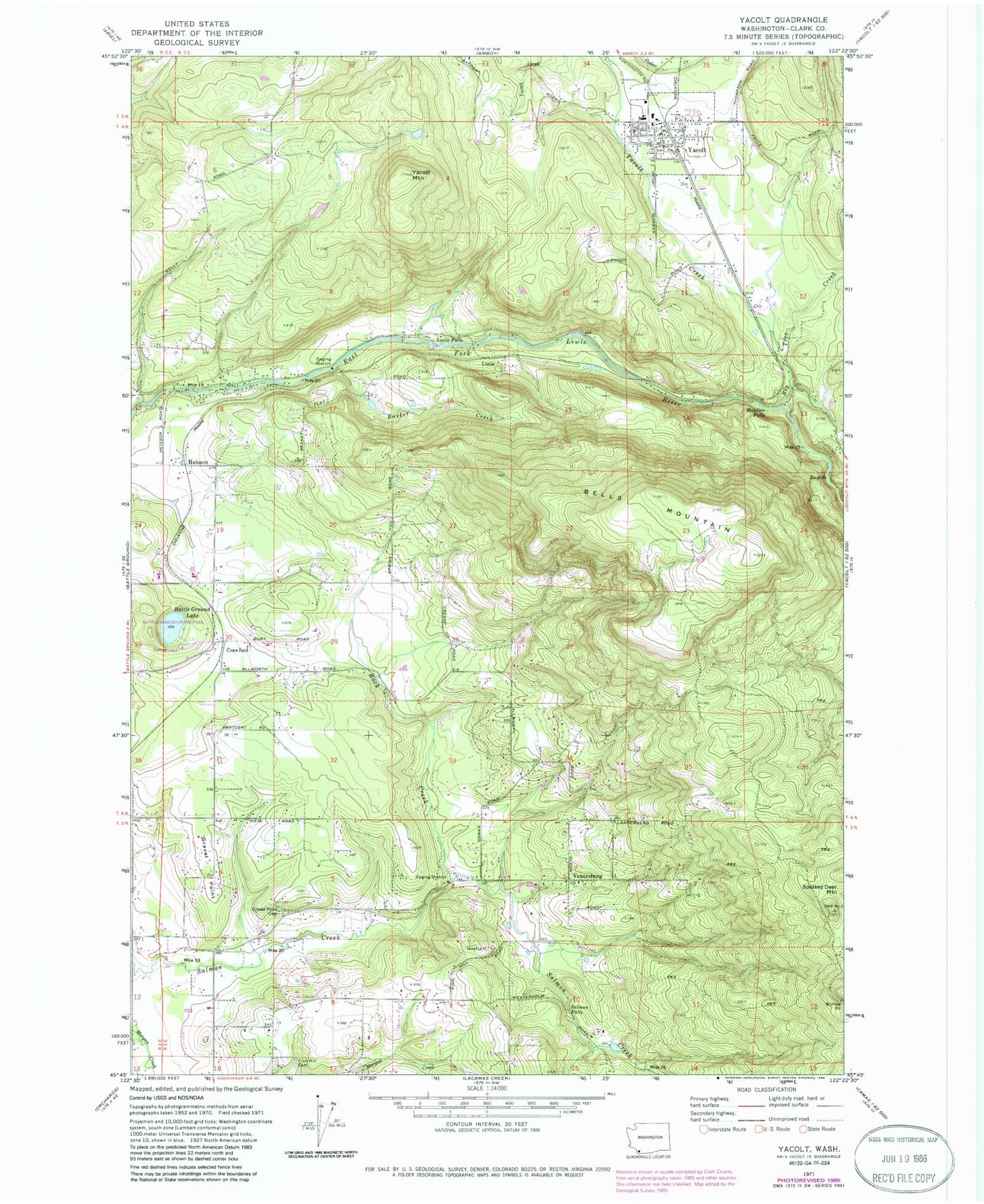 Classic USGS Yacolt Washington 7.5'x7.5' Topo Map Image