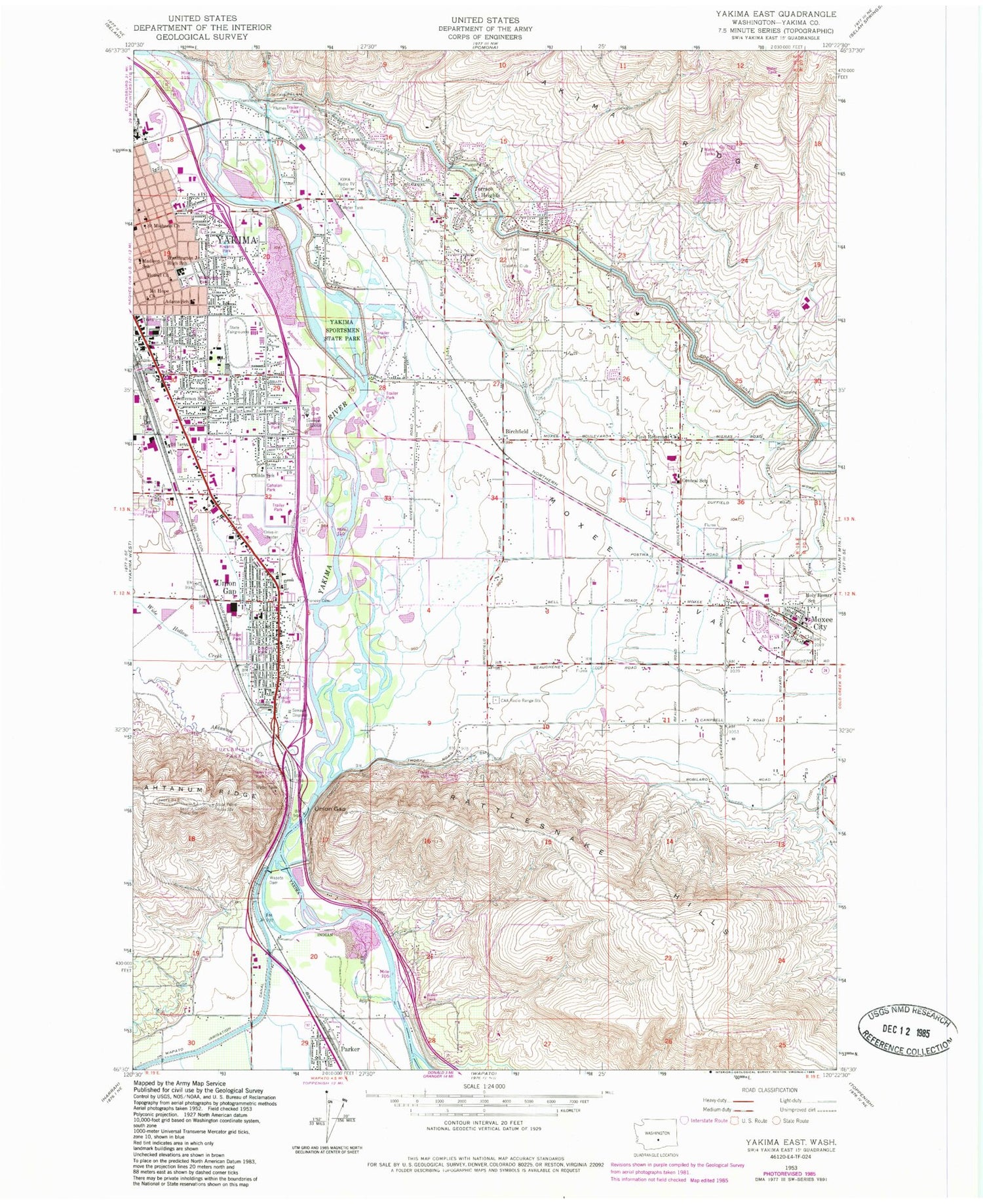 Classic USGS Yakima East Washington 7.5'x7.5' Topo Map Image