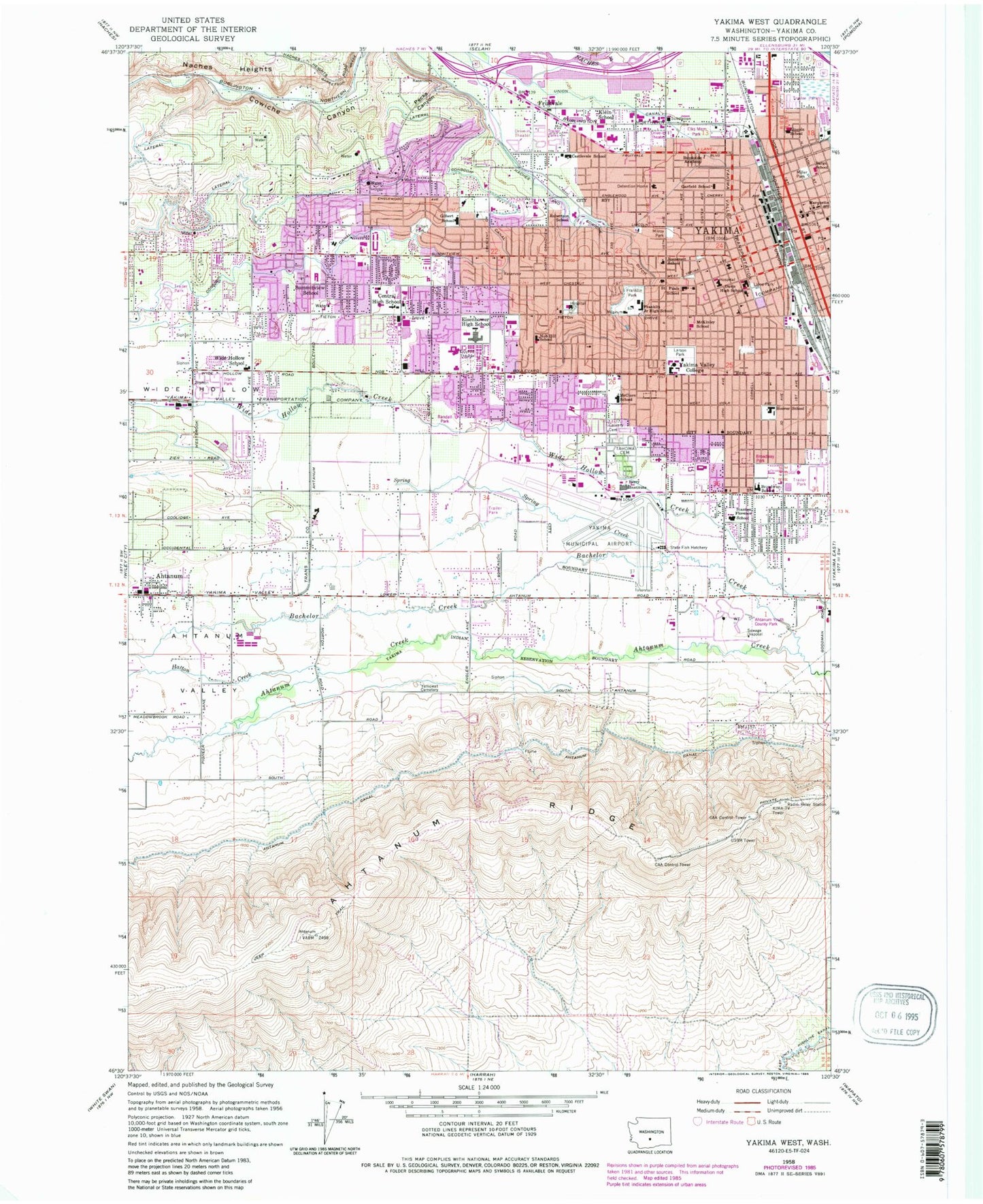 Classic USGS Yakima West Washington 7.5'x7.5' Topo Map Image