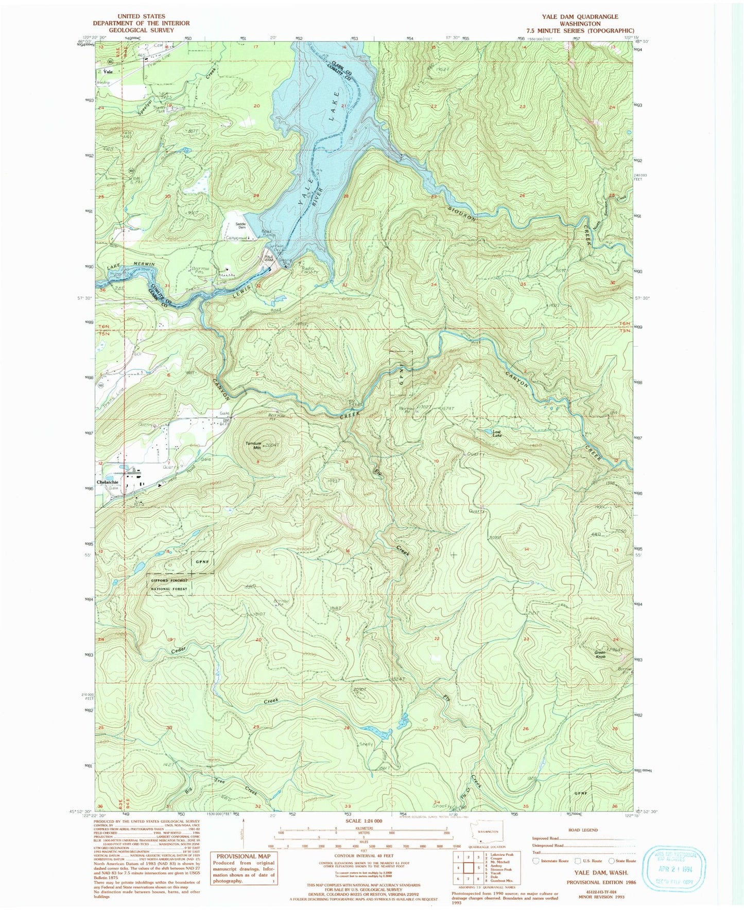 Classic USGS Yale Dam Washington 7.5'x7.5' Topo Map Image