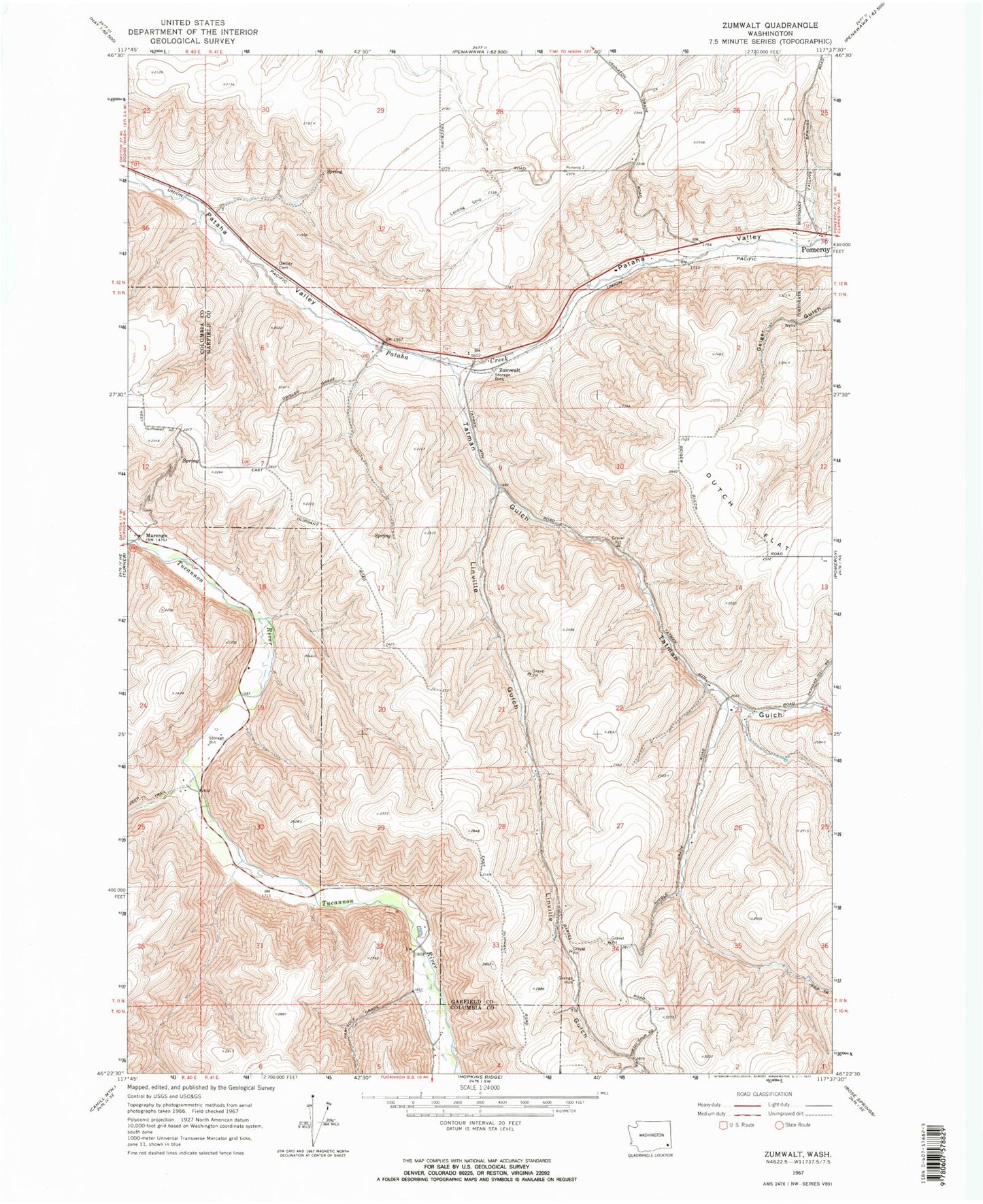 Classic USGS Zumwalt Washington 7.5'x7.5' Topo Map Image