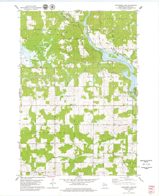 Classic USGS Alexander Lake Wisconsin 7.5'x7.5' Topo Map Image