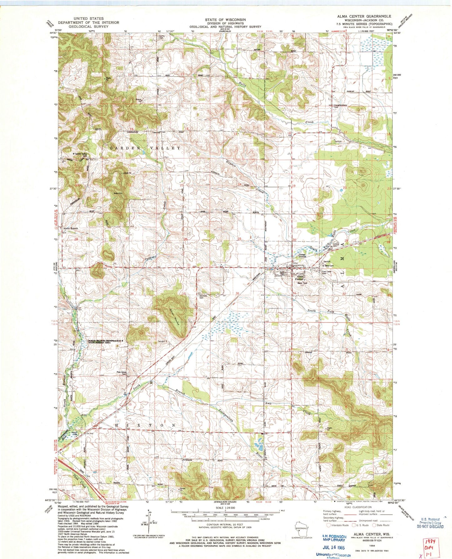 Classic USGS Alma Center Wisconsin 7.5'x7.5' Topo Map Image