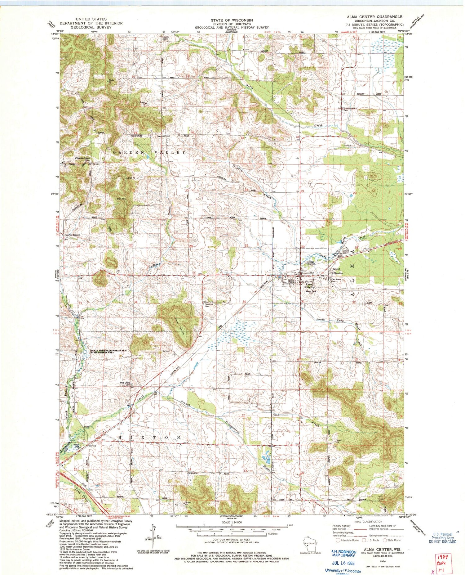 Classic USGS Alma Center Wisconsin 7.5'x7.5' Topo Map Image