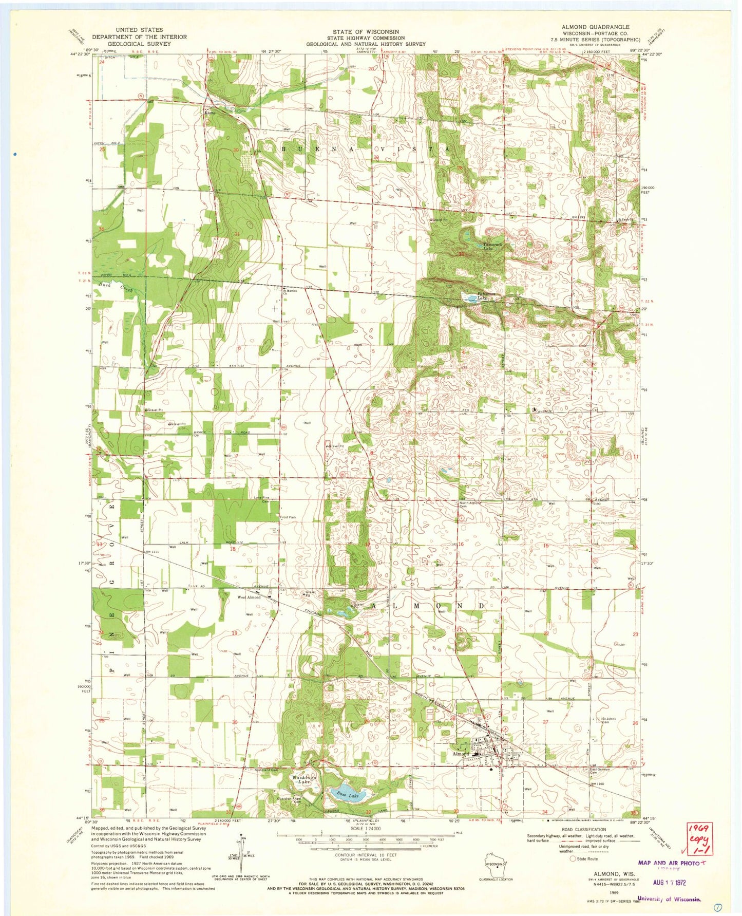 Classic USGS Almond Wisconsin 7.5'x7.5' Topo Map Image