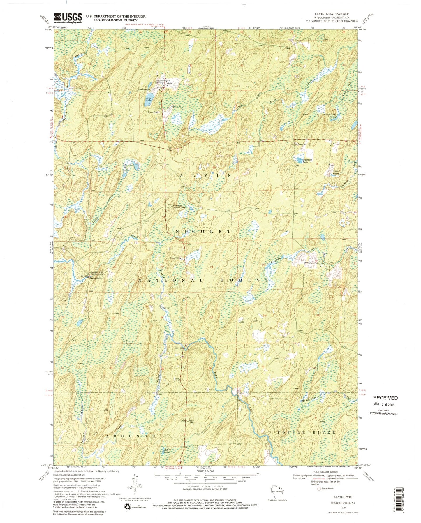 Classic USGS Alvin Wisconsin 7.5'x7.5' Topo Map Image