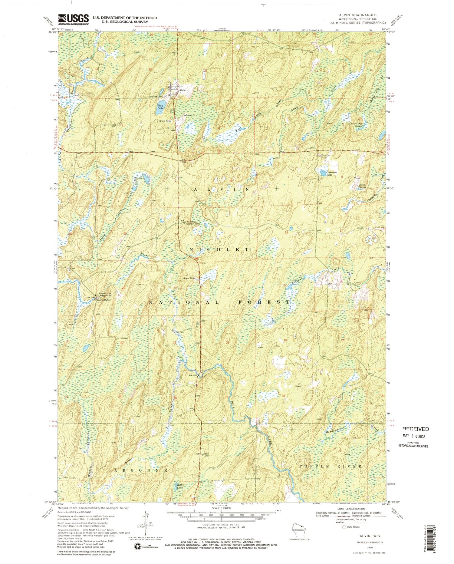 Classic USGS Alvin Wisconsin 7.5'x7.5' Topo Map Image