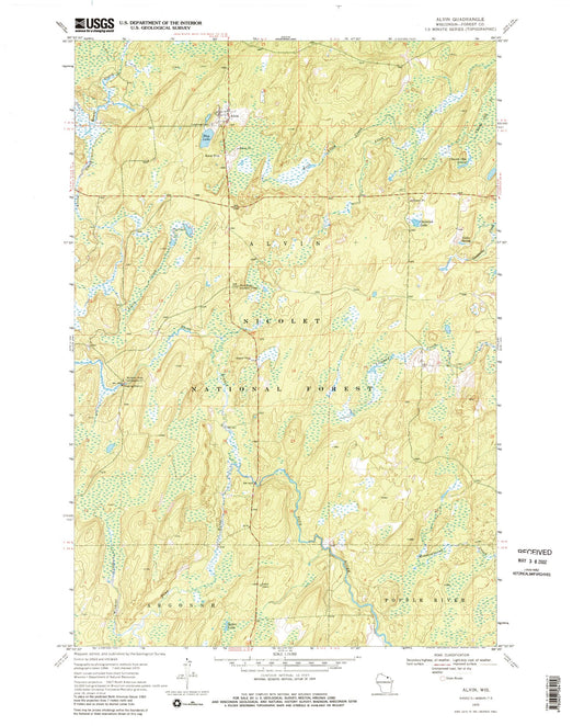 Classic USGS Alvin Wisconsin 7.5'x7.5' Topo Map Image