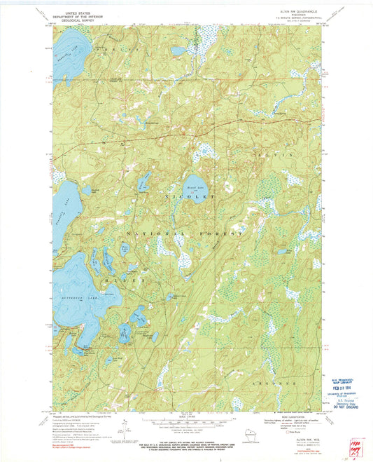 Classic USGS Alvin NW Wisconsin 7.5'x7.5' Topo Map Image