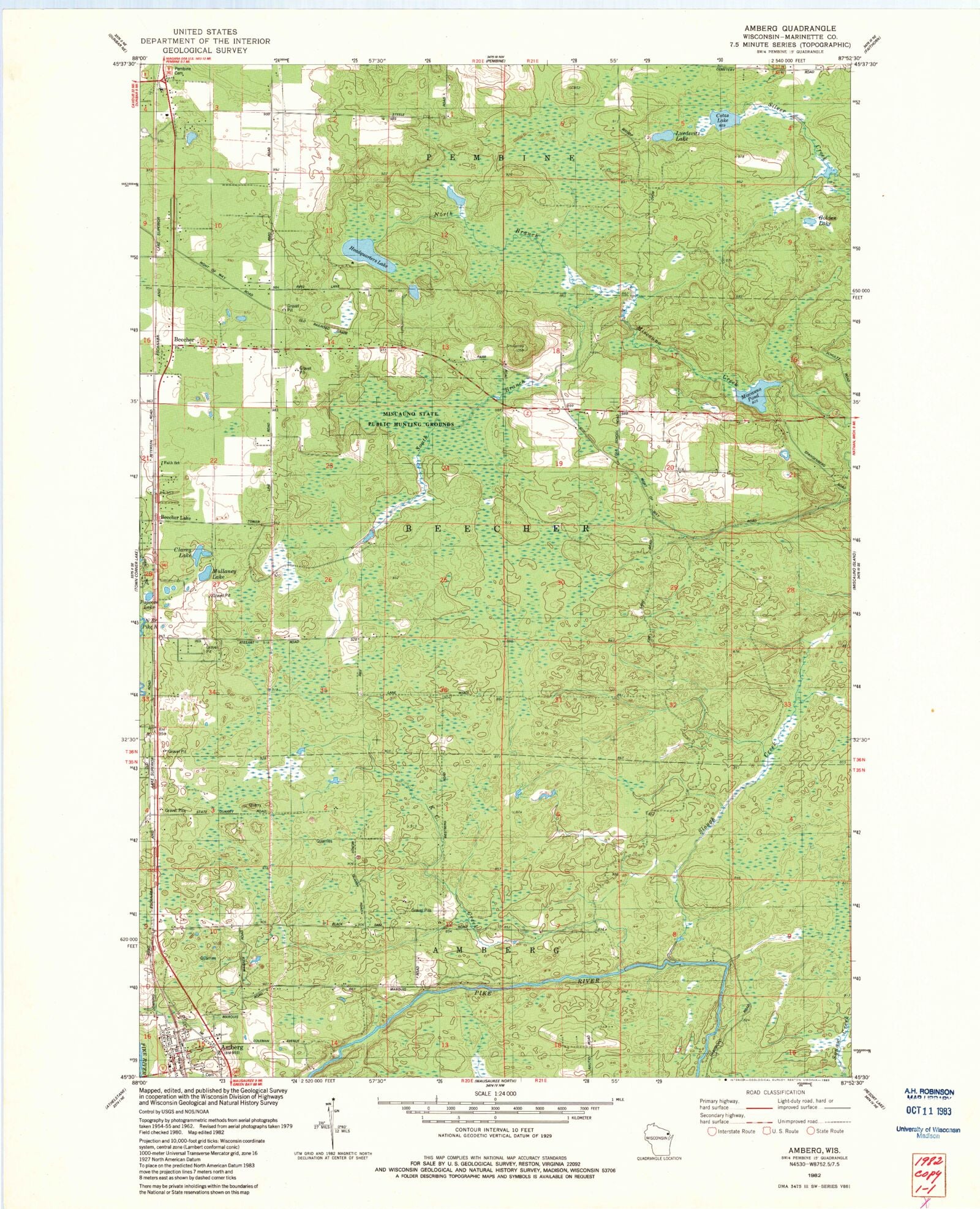 Classic USGS Amberg Wisconsin 7.5'x7.5' Topo Map MyTopo Map Store