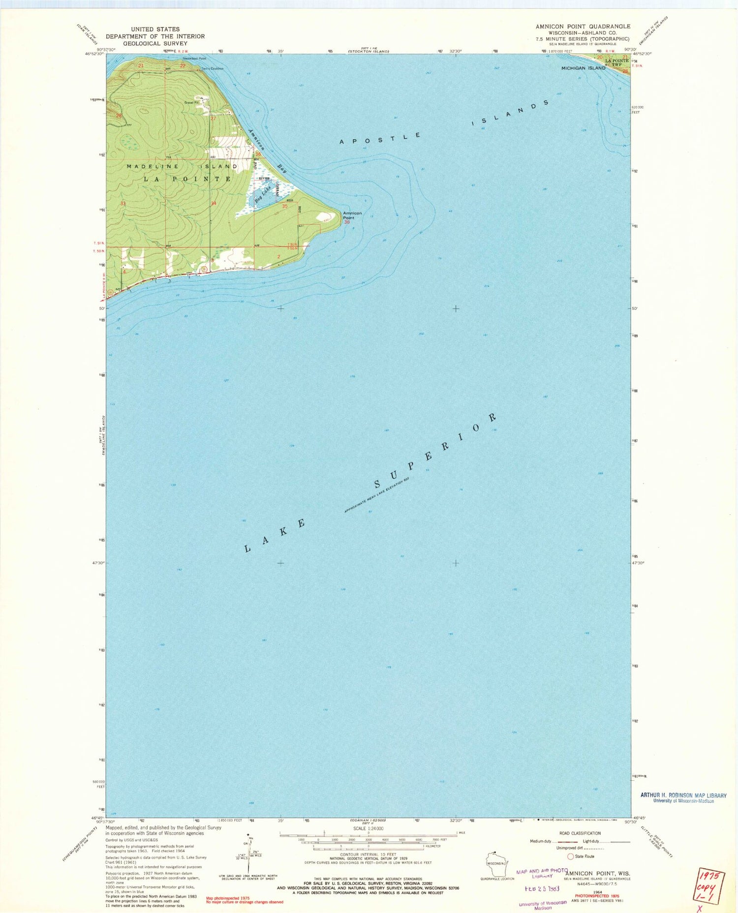 Classic USGS Amnicon Point Wisconsin 7.5'x7.5' Topo Map Image