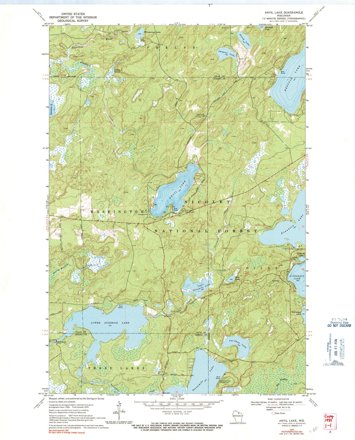 Classic USGS Anvil Lake Wisconsin 7.5'x7.5' Topo Map Image