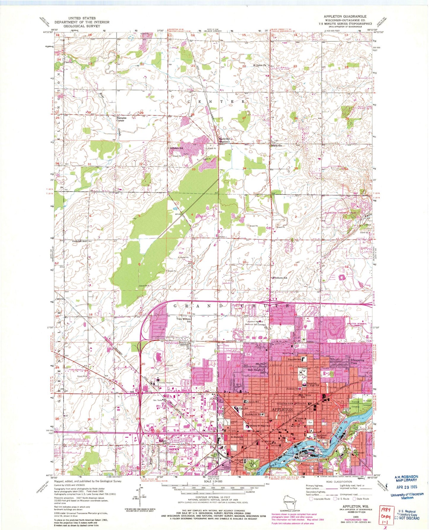 Classic USGS Appleton Wisconsin 7.5'x7.5' Topo Map Image