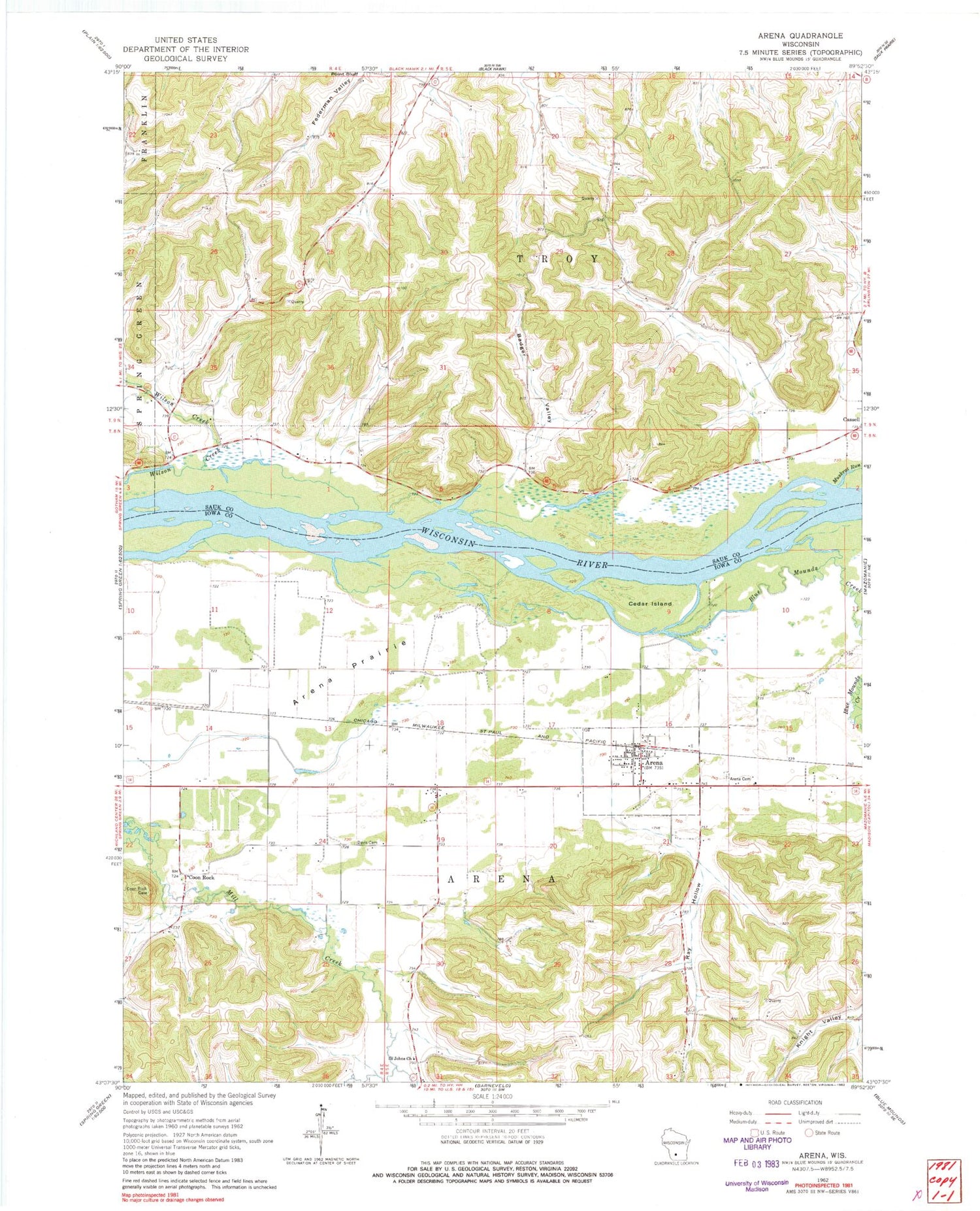 Classic USGS Arena Wisconsin 7.5'x7.5' Topo Map Image