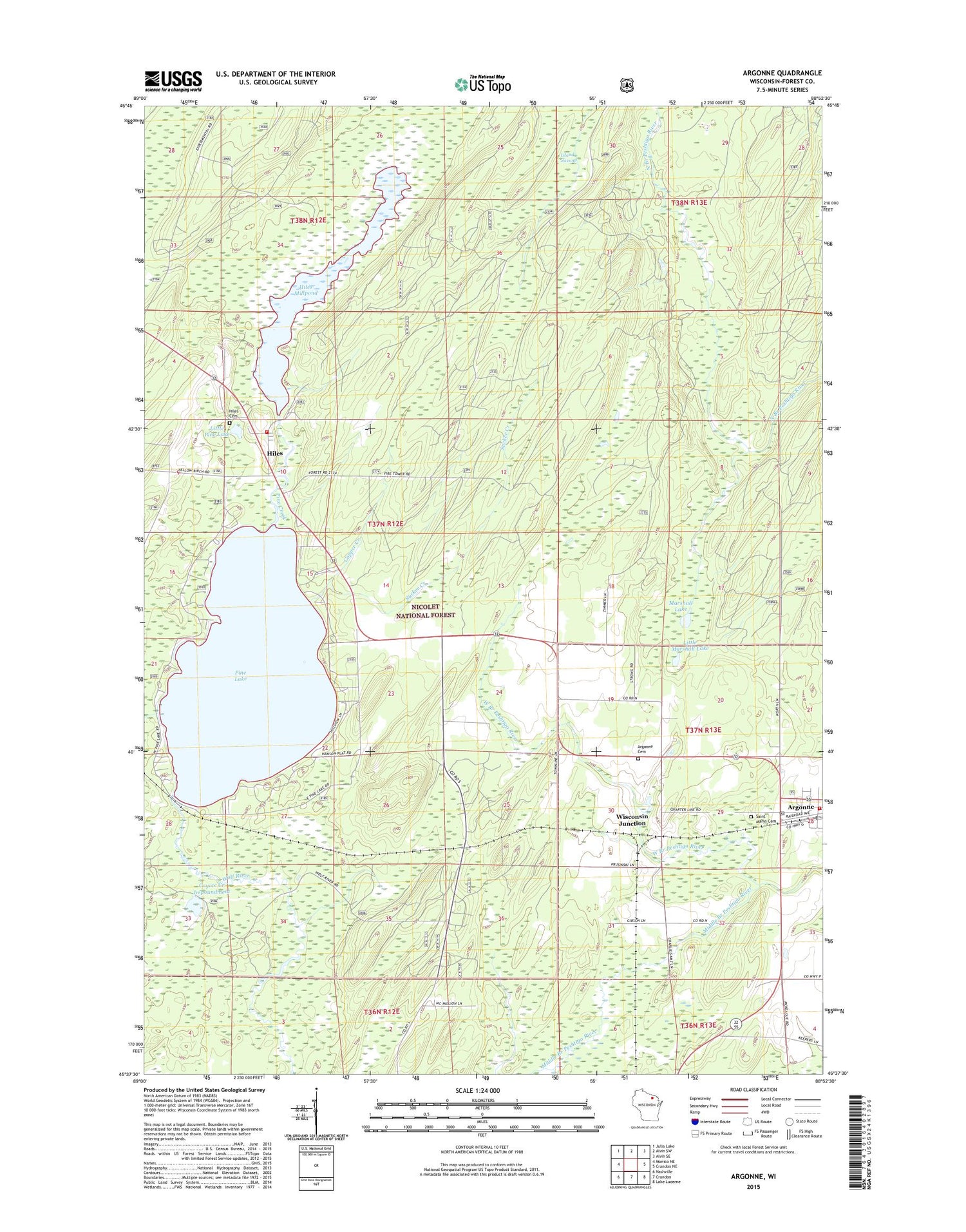 Argonne Wisconsin US Topo Map Image